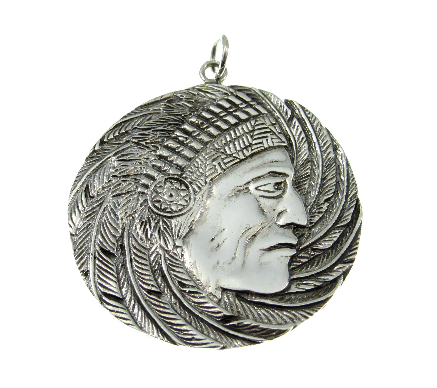 Solid 925 Sterling Silver Giant Indian Chief with Headdress Pendant, Large Handcrafted Medallion