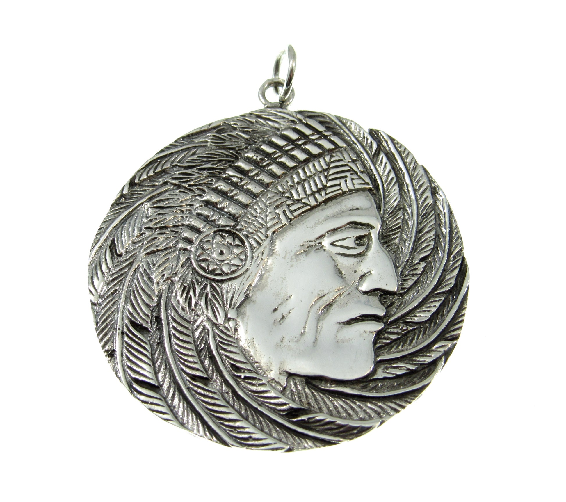 Solid 925 Sterling Silver Giant Indian Chief with Headdress Pendant, Large Handcrafted Medallion
