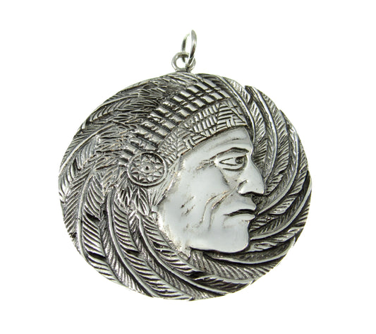 Solid 925 Sterling Silver Giant Indian Chief with Headdress Pendant, Large Handcrafted Medallion