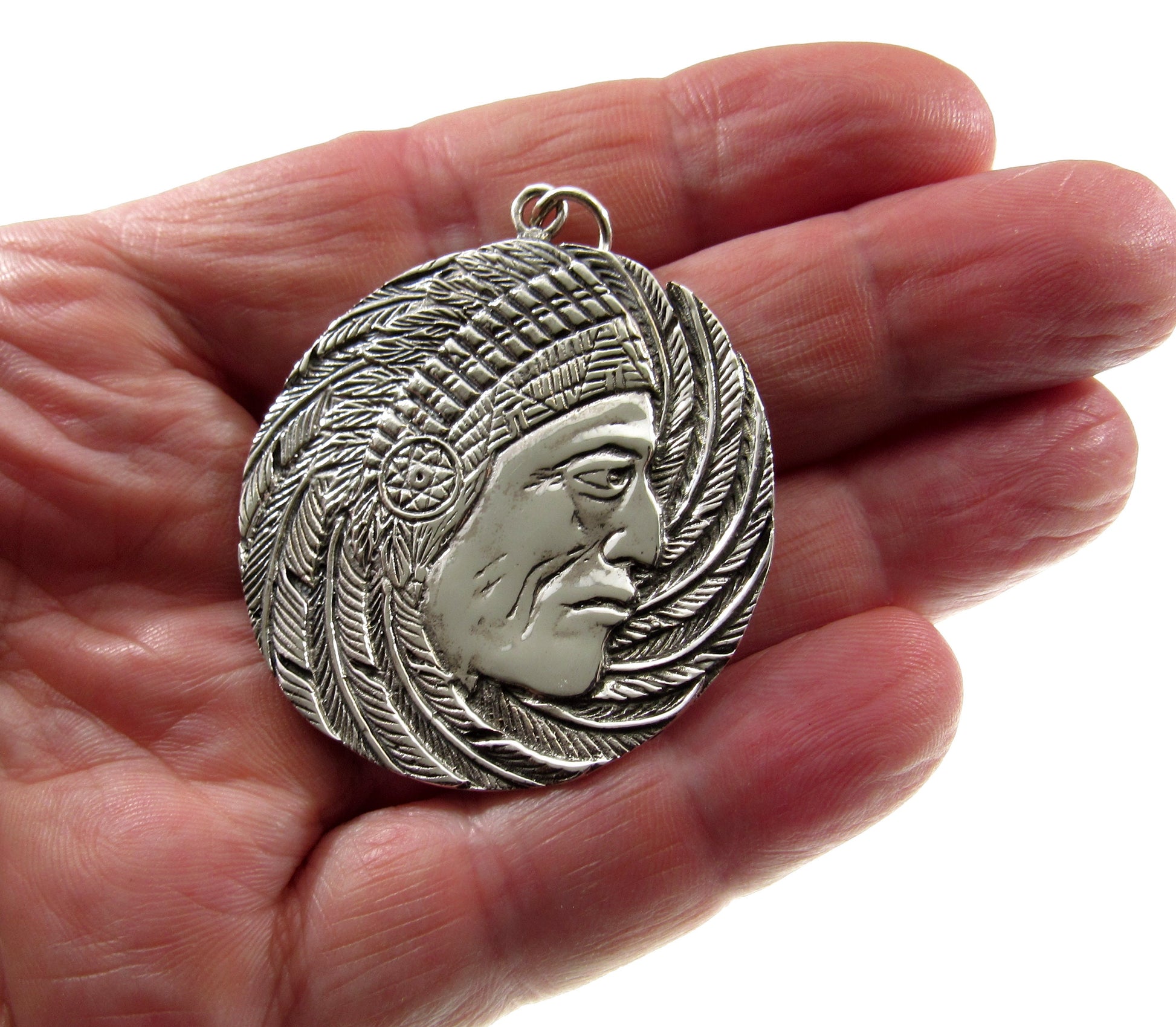 Solid 925 Sterling Silver Giant Indian Chief with Headdress Pendant, Large Handcrafted Medallion