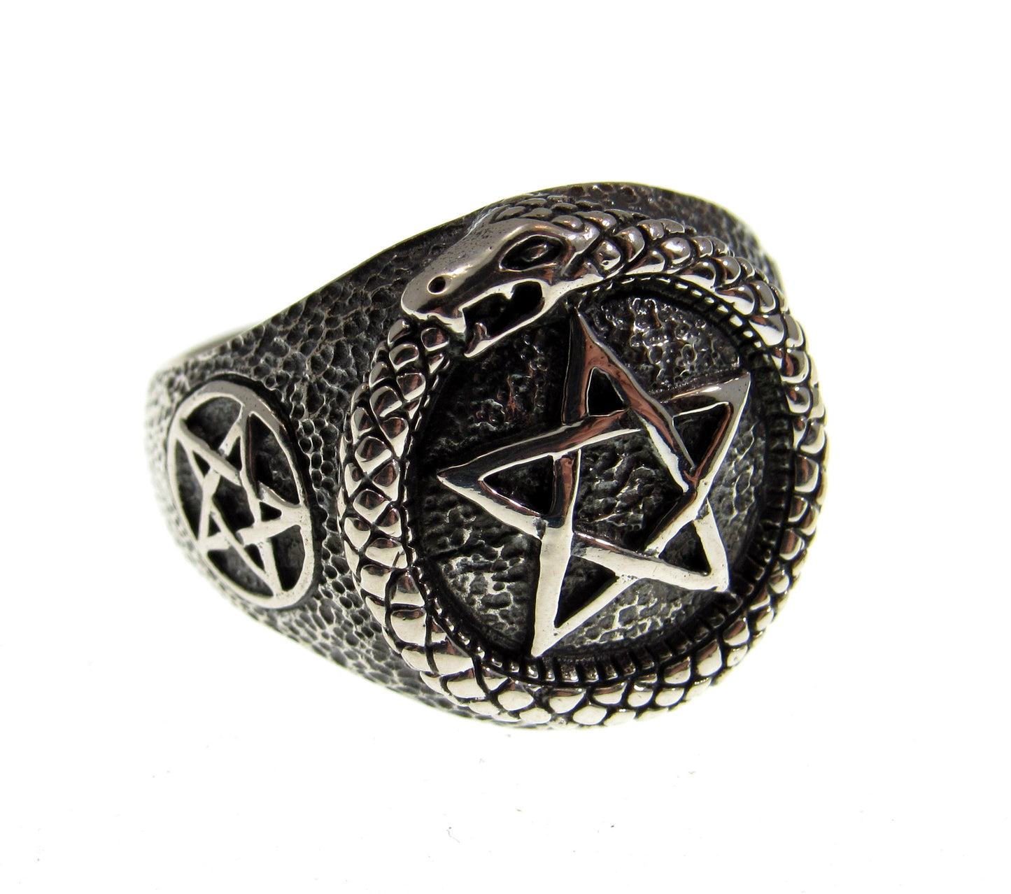 Solid 925 Sterling Silver Men's Ouroboros Pentacle Pentagram Ring, Handcrafted Signet Ring Pendant on Nylon Cord, Sizes 10-14