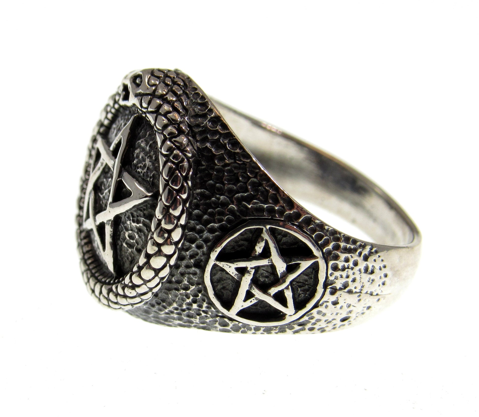 Solid 925 Sterling Silver Men's Ouroboros Pentacle Pentagram Ring, Handcrafted Signet Ring Pendant on Nylon Cord, Sizes 10-14