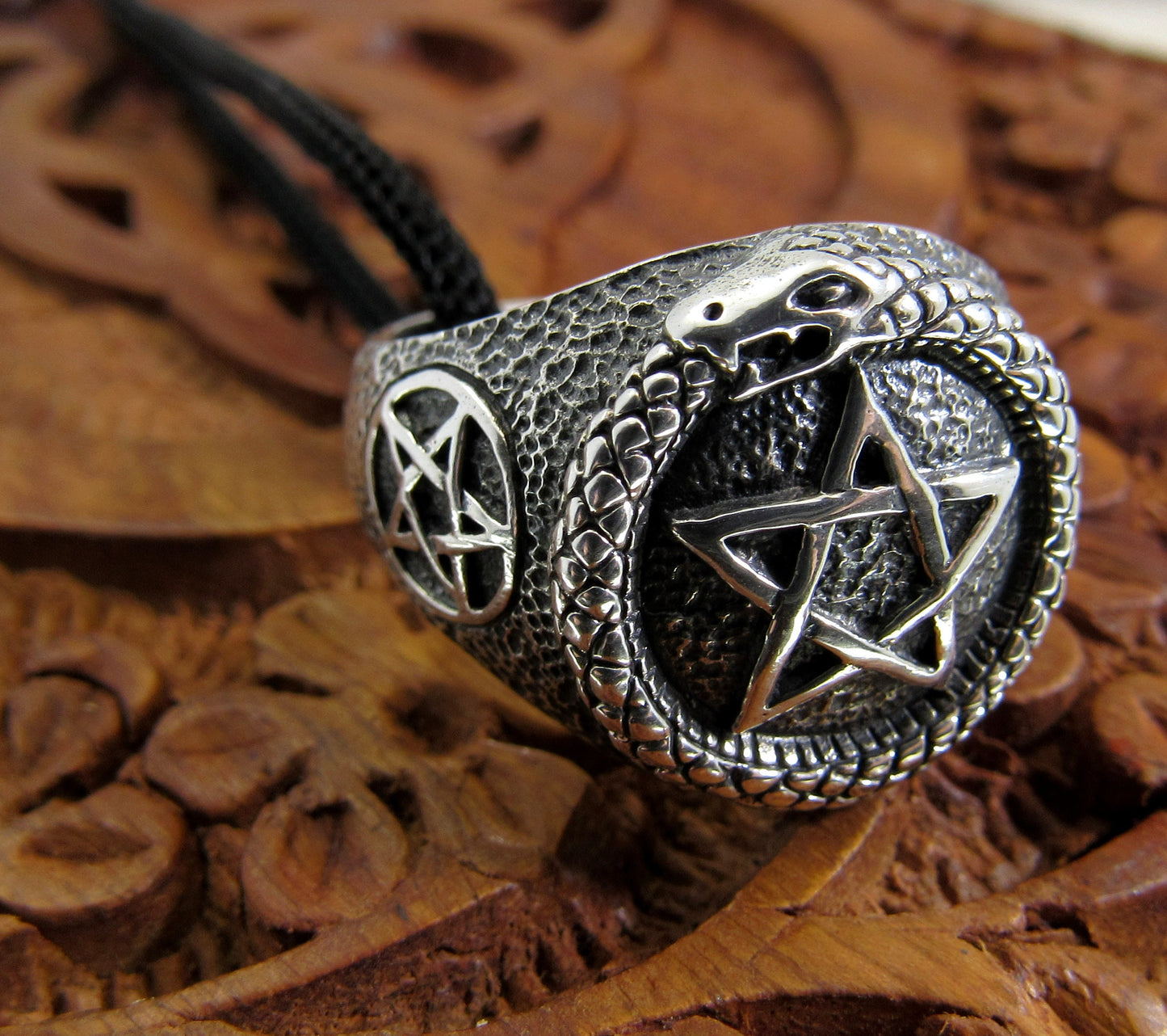 Solid 925 Sterling Silver Men's Ouroboros Pentacle Pentagram Ring, Handcrafted Signet Ring Pendant on Nylon Cord, Sizes 10-14
