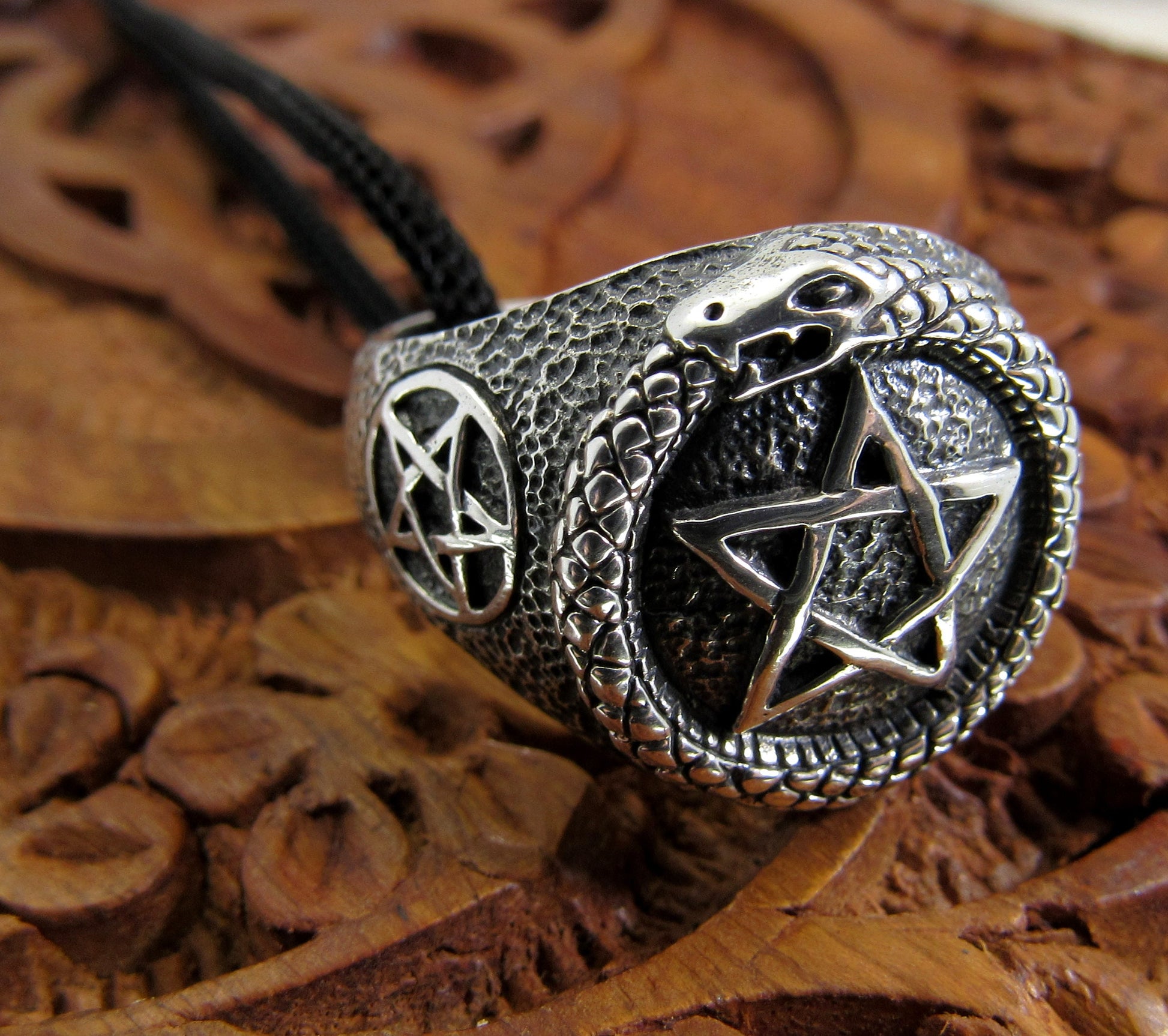 Solid 925 Sterling Silver Men's Ouroboros Pentacle Pentagram Ring, Handcrafted Signet Ring Pendant on Nylon Cord, Sizes 10-14