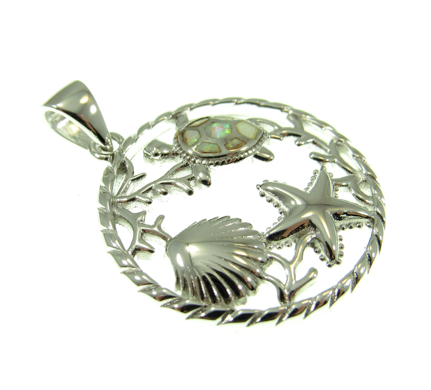 Sterling Silver Sea Life Pendant with Blue or White Lab Opal – Turtle, Starfish & Seashell Ocean Necklace Charm, Nautical Jewelry Gift