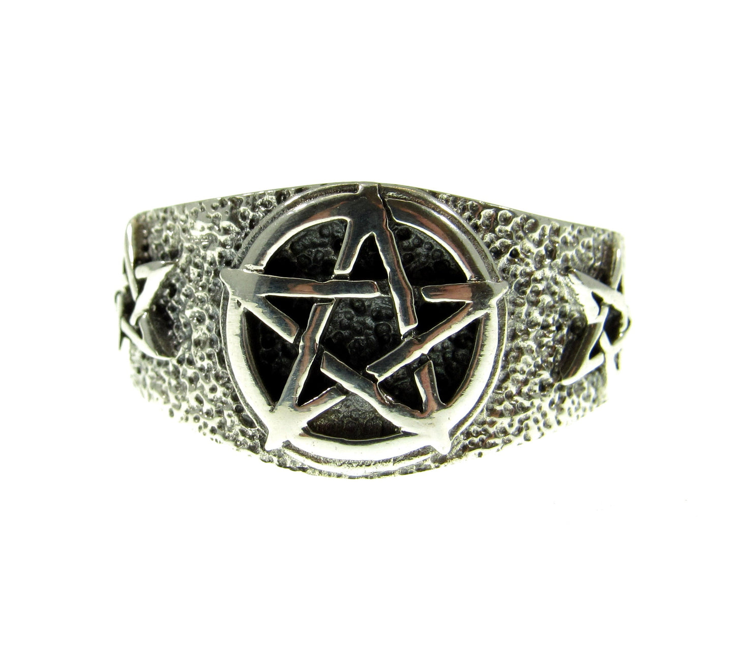 Solid 925 Sterling Silver Men's Triple Pentacle Pentagram Ring, Handcrafted Signet Ring Pendant on Nylon Cord, Sizes 10-14