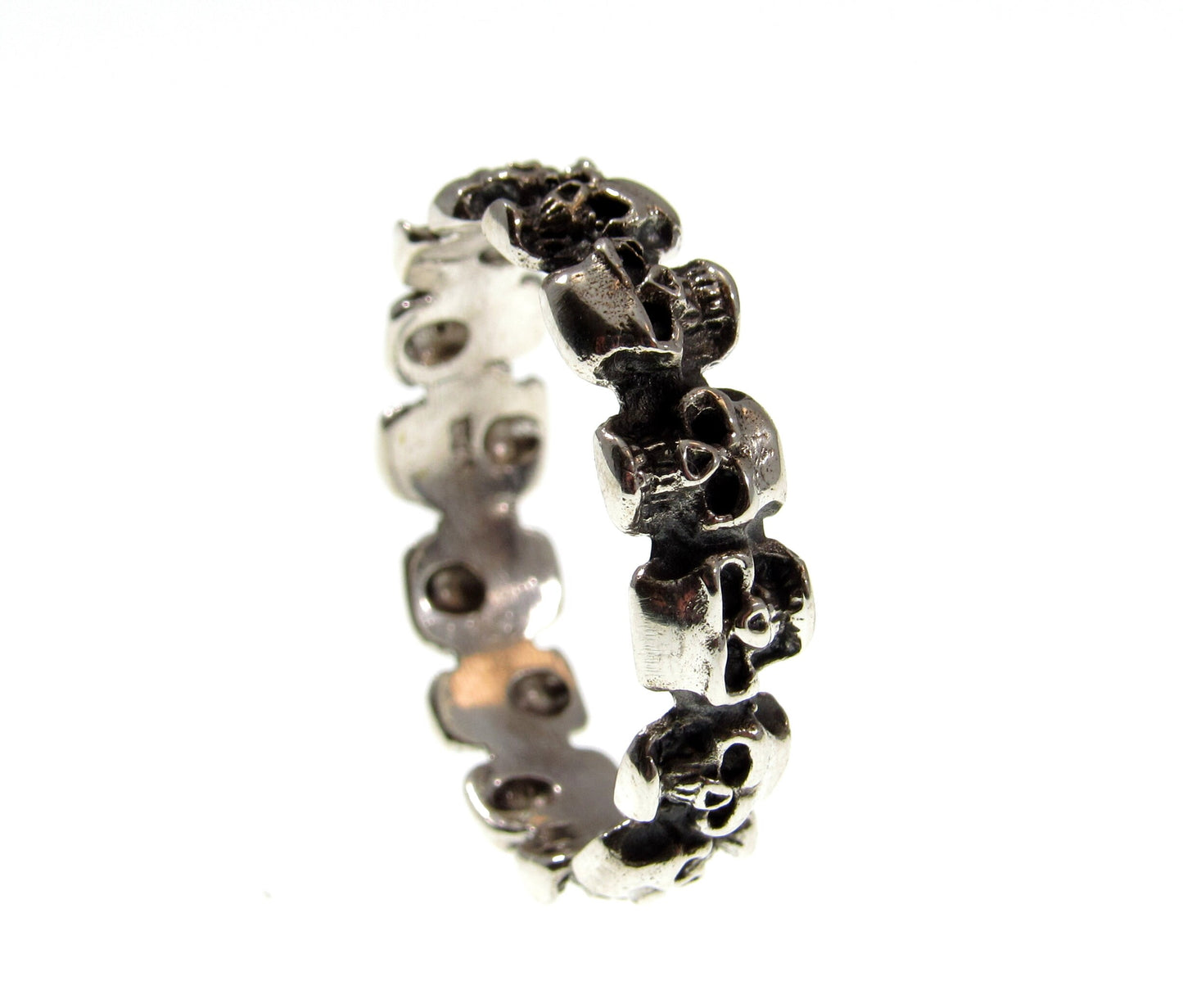 Solid 925 Sterling Silver Men's 14 Skulls Biker Skull Band Ring, Handcrafted Signet Ring Pendant on Nylon Cord, Sizes 10-14