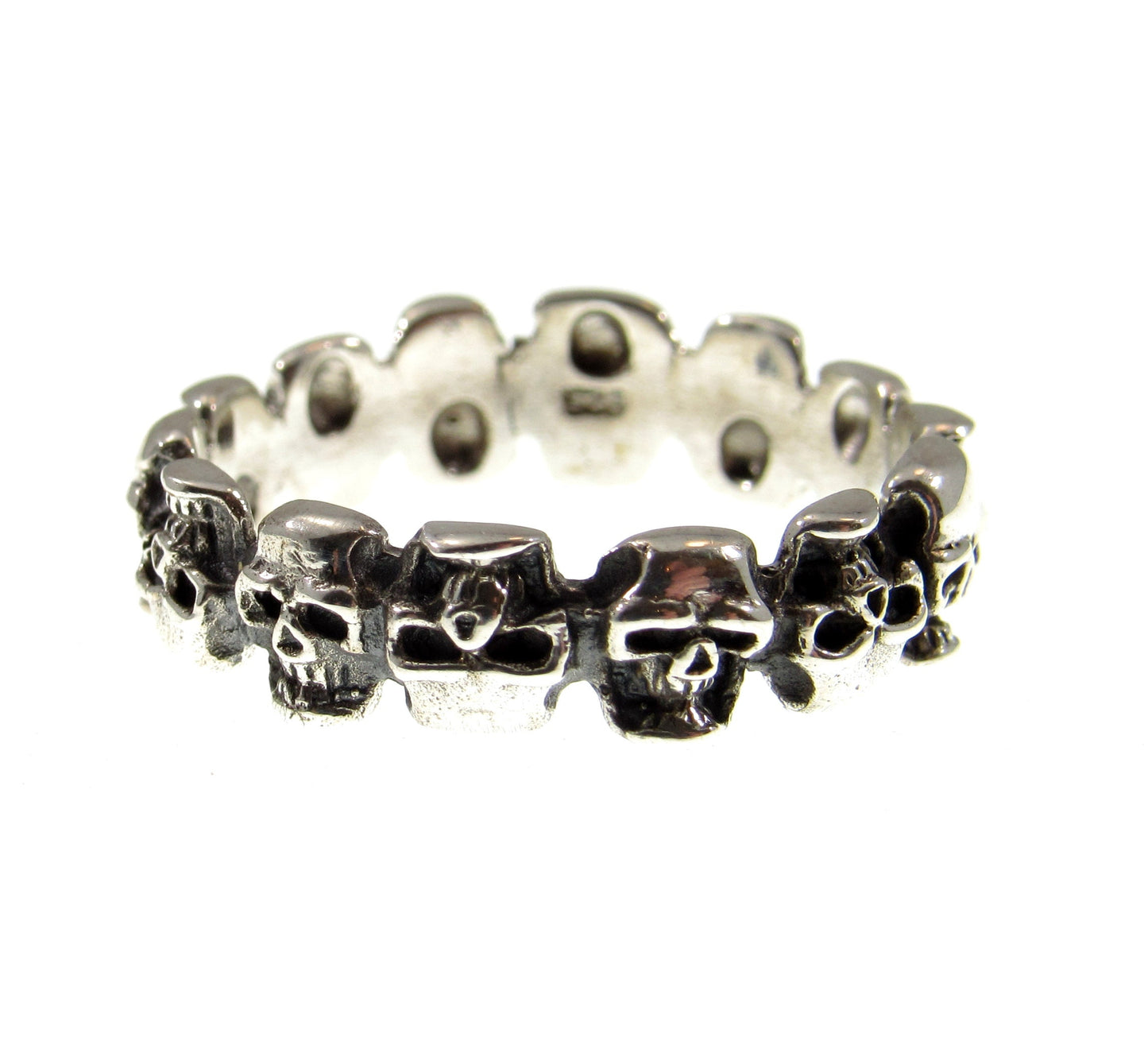 Solid 925 Sterling Silver Men's 14 Skulls Biker Skull Band Ring, Handcrafted Signet Ring Pendant on Nylon Cord, Sizes 10-14