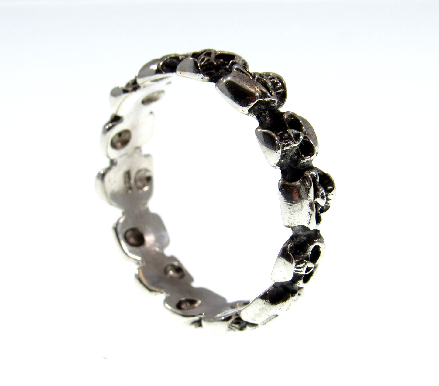 Solid 925 Sterling Silver Men's 14 Skulls Biker Skull Band Ring, Handcrafted Signet Ring Pendant on Nylon Cord, Sizes 10-14