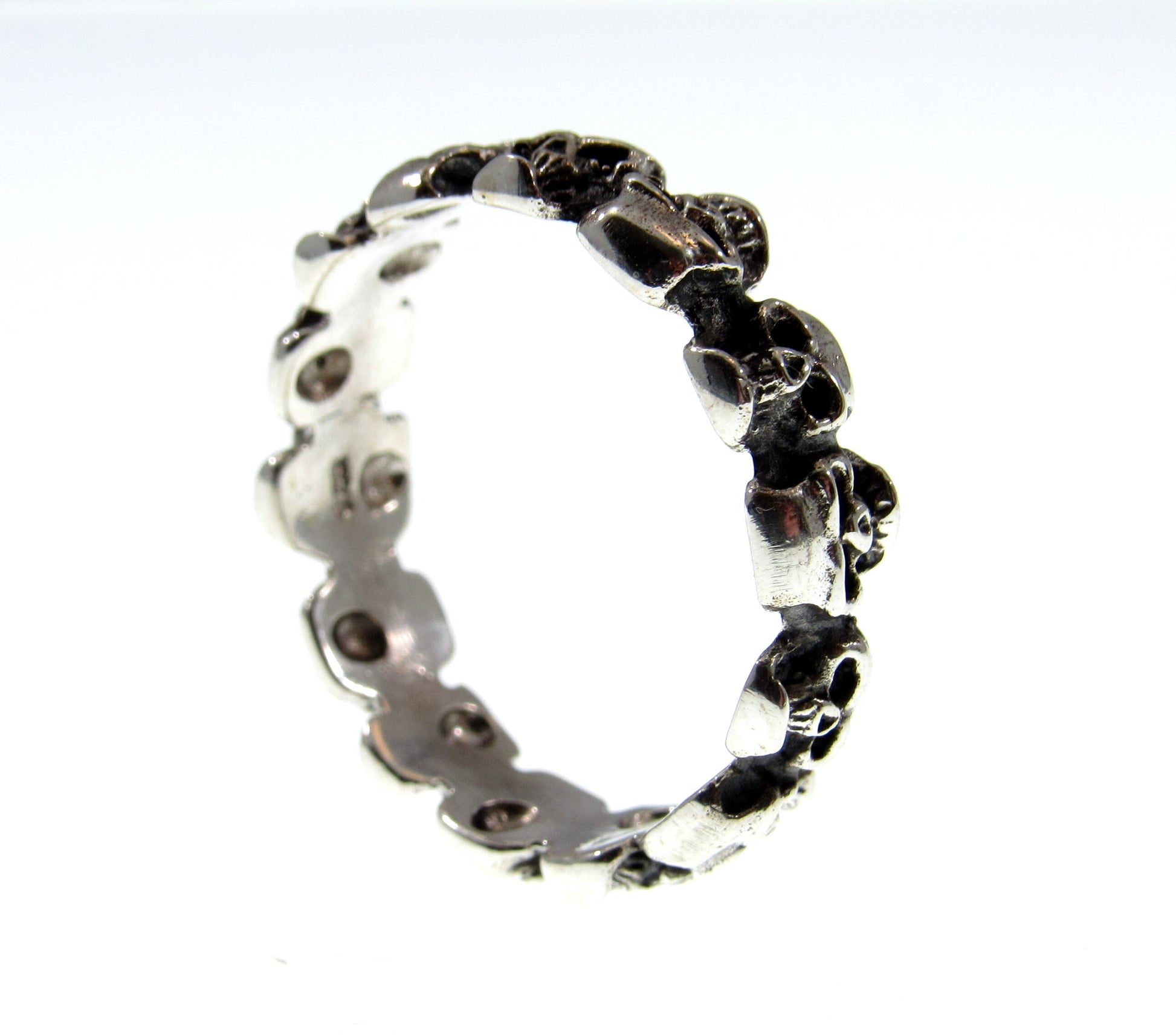 Solid 925 Sterling Silver Men's 14 Skulls Biker Skull Band Ring, Handcrafted Signet Ring Pendant on Nylon Cord, Sizes 10-14