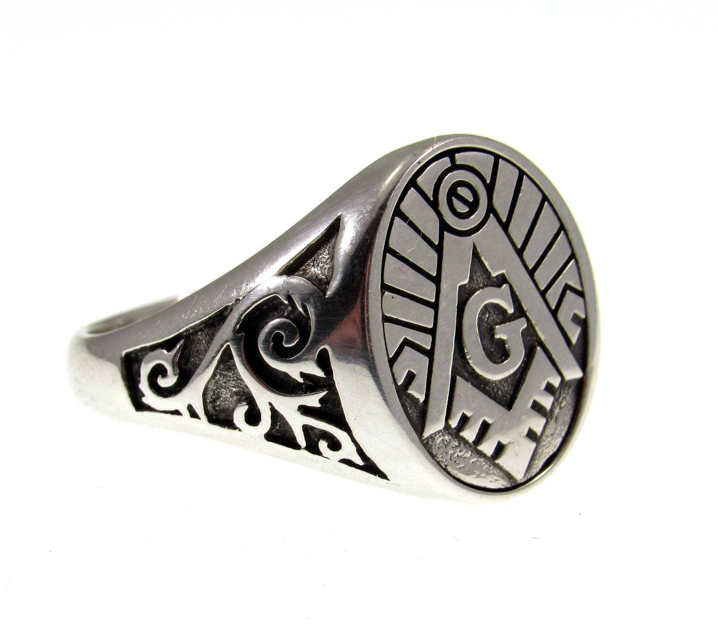 Solid 925 Sterling Silver Men's Freemason Ring, Handcrafted Square & Compasses Masonic Signet Ring Pendant on Nylon Cord, Sizes 10-14