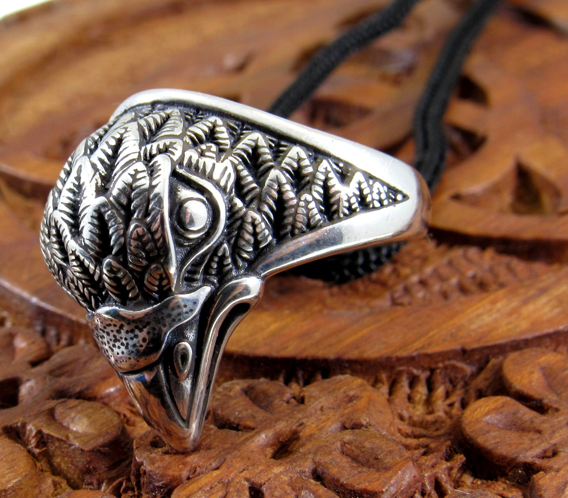 Solid 925 Sterling Silver Men's & Women's Heraldic Eagle Head Ring, Handcrafted Signet Ring Pendant on Nylon Cord, Sizes 6-13