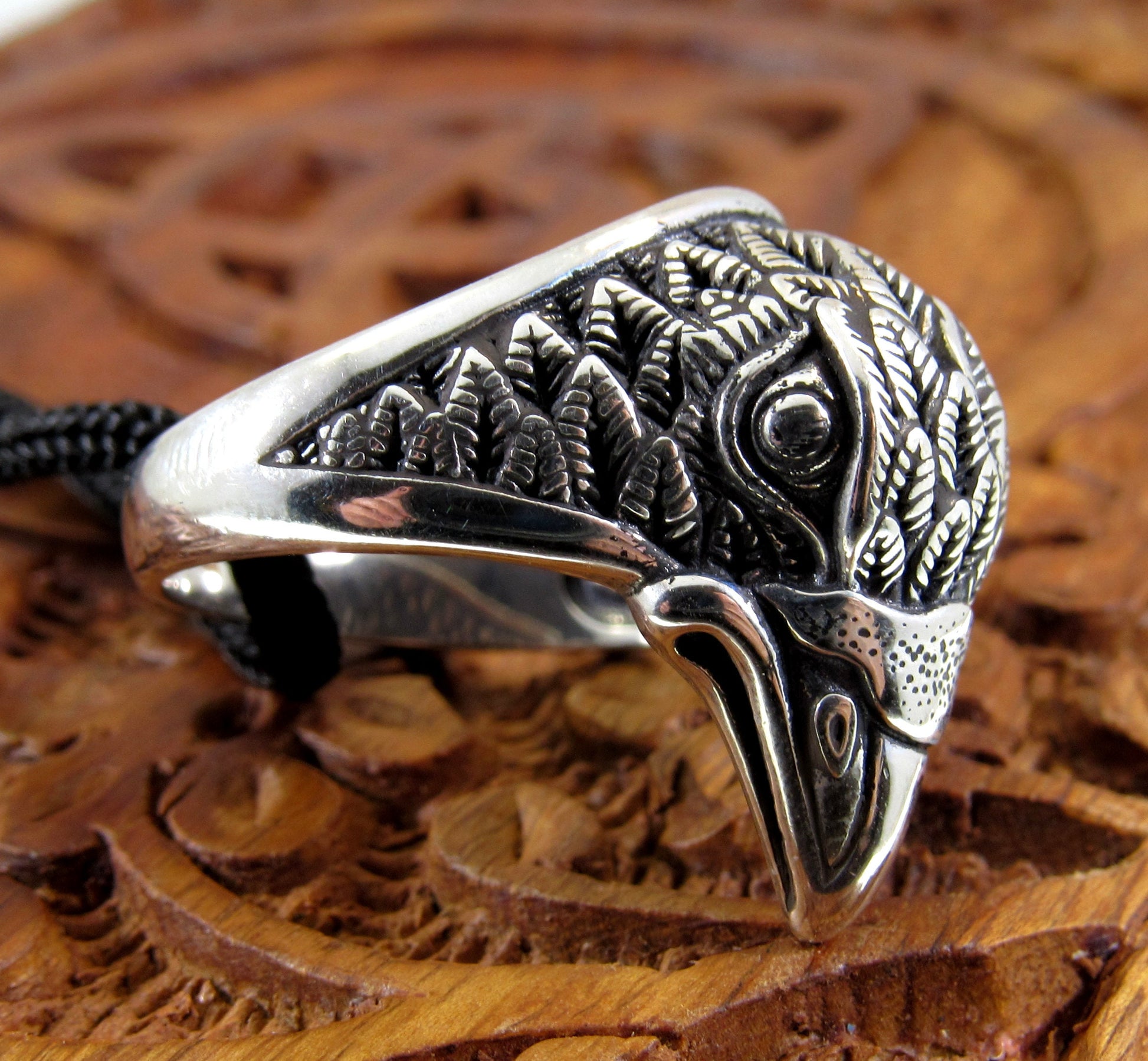 Solid 925 Sterling Silver Men's & Women's Heraldic Eagle Head Ring, Handcrafted Signet Ring Pendant on Nylon Cord, Sizes 6-13