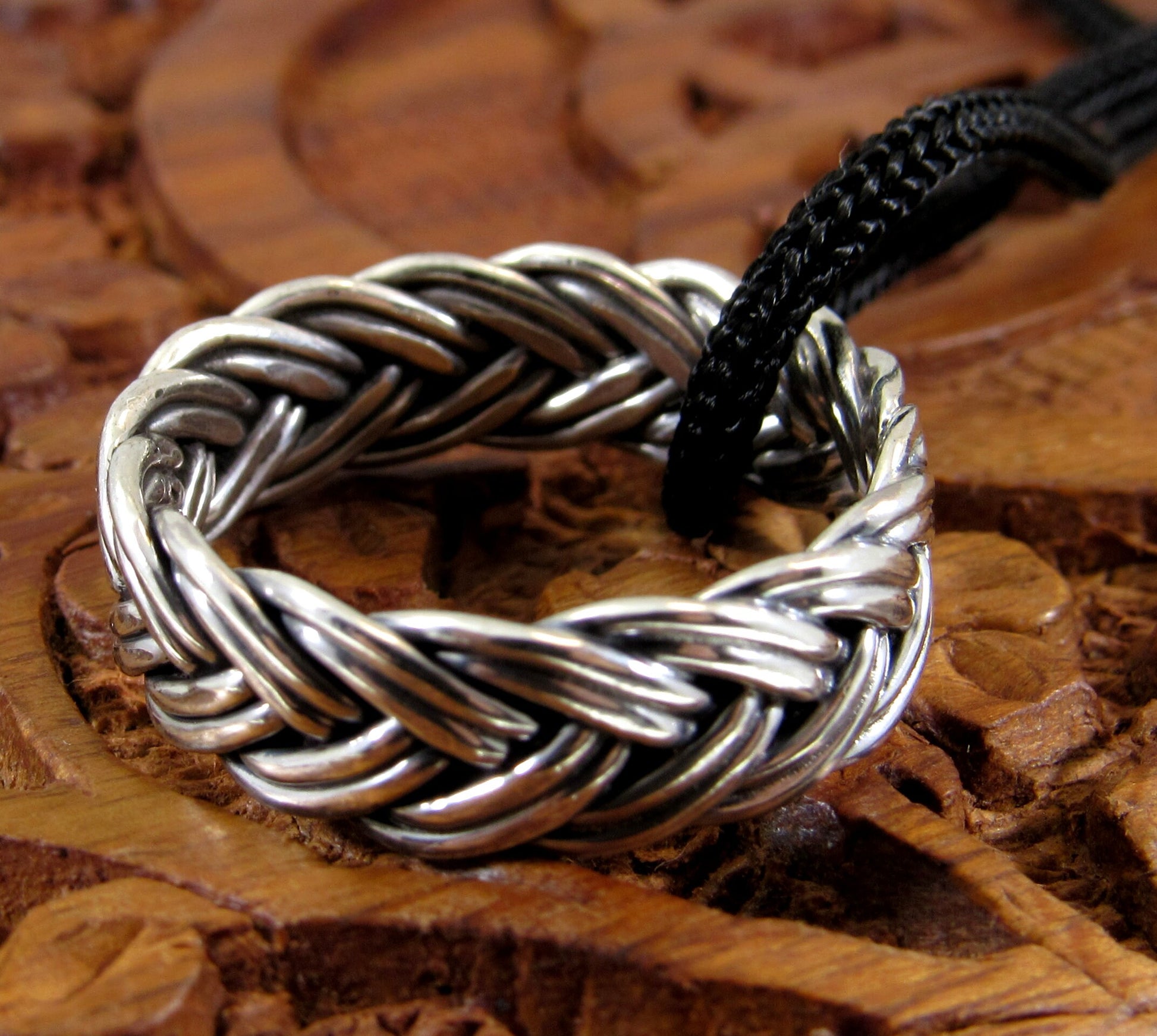 Solid 925 Sterling Silver Men's & Women's Double Braided Band Ring, Handcrafted Ring Pendant on Nylon Cord, Sizes 6-12