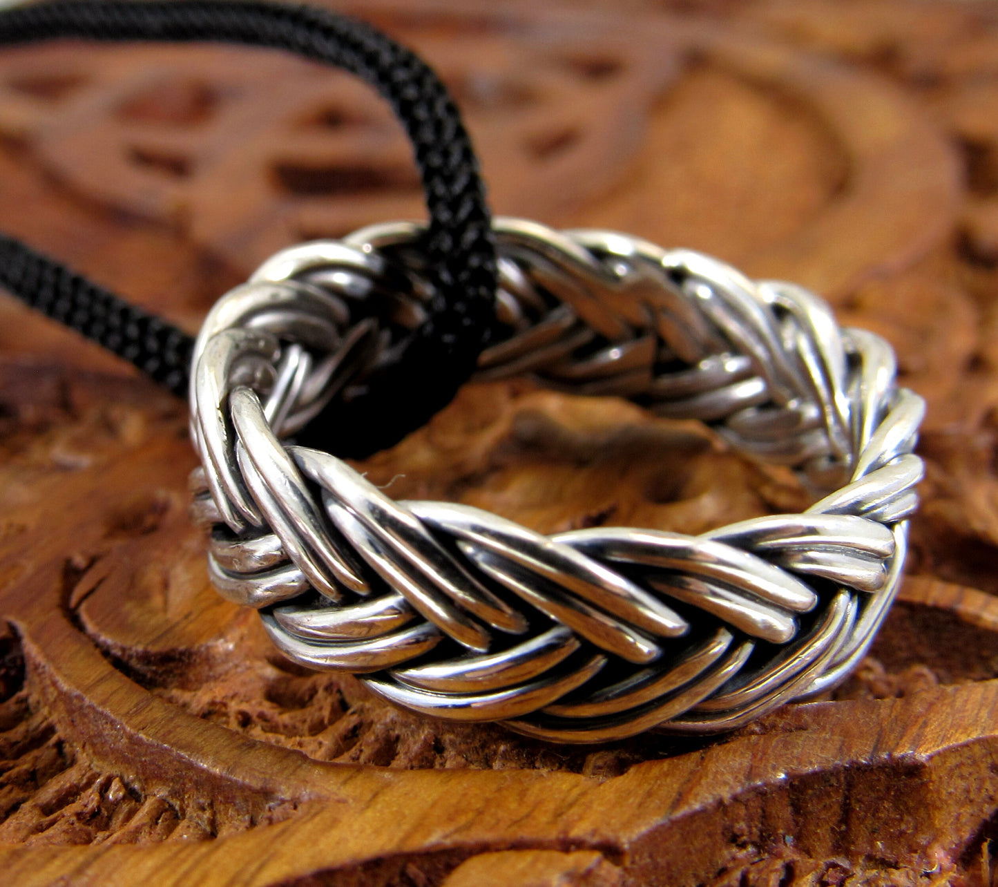 Solid 925 Sterling Silver Men's & Women's Double Braided Band Ring, Handcrafted Ring Pendant on Nylon Cord, Sizes 6-12