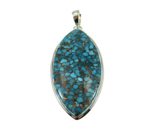 Large Solid 925 Sterling Silver Copper Turquoise Football Shaped Pendant, Handcrafted Gemstone Jewelry CT01