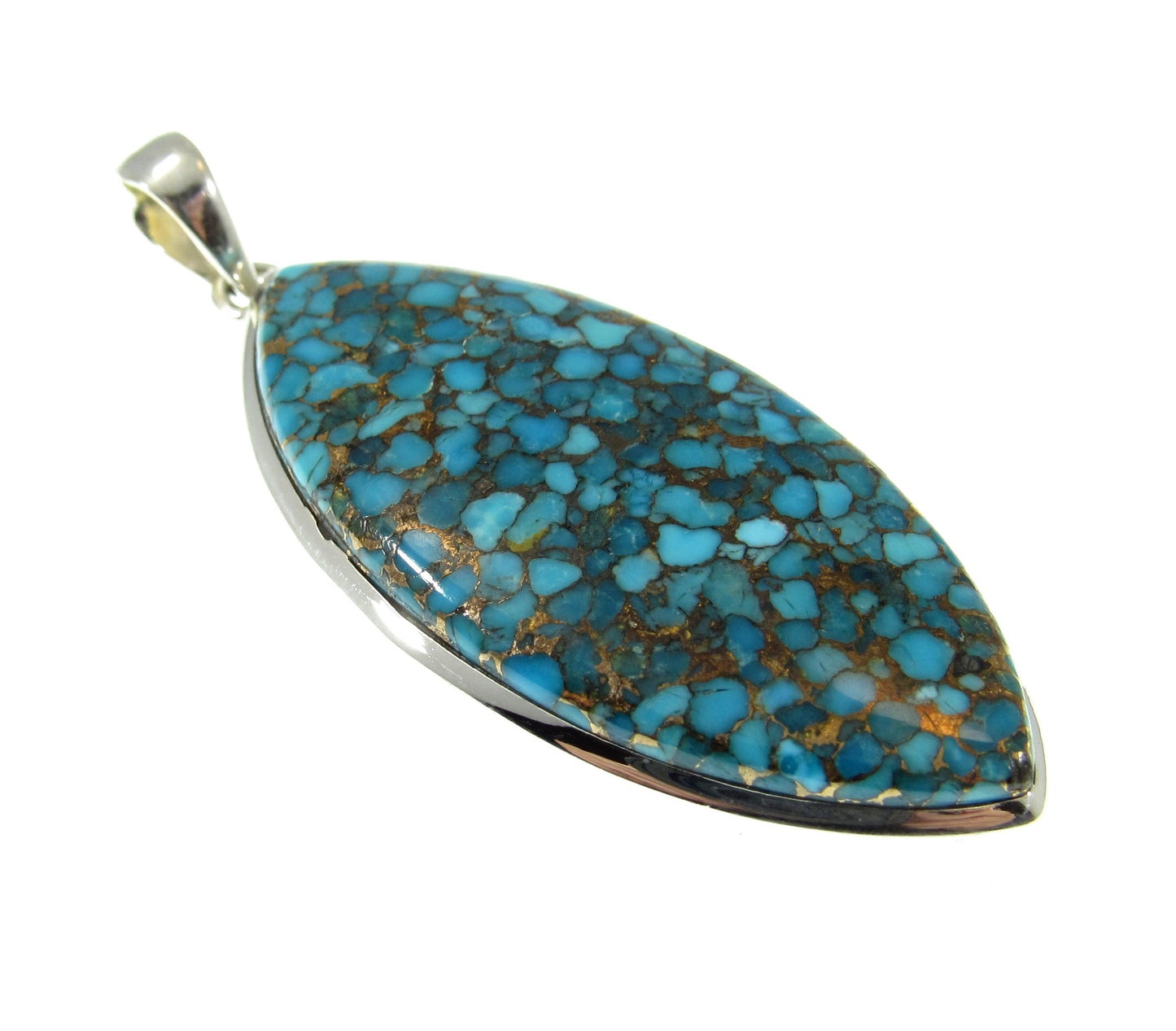 Large Solid 925 Sterling Silver Copper Turquoise Football Shaped Pendant, Handcrafted Gemstone Jewelry CT01