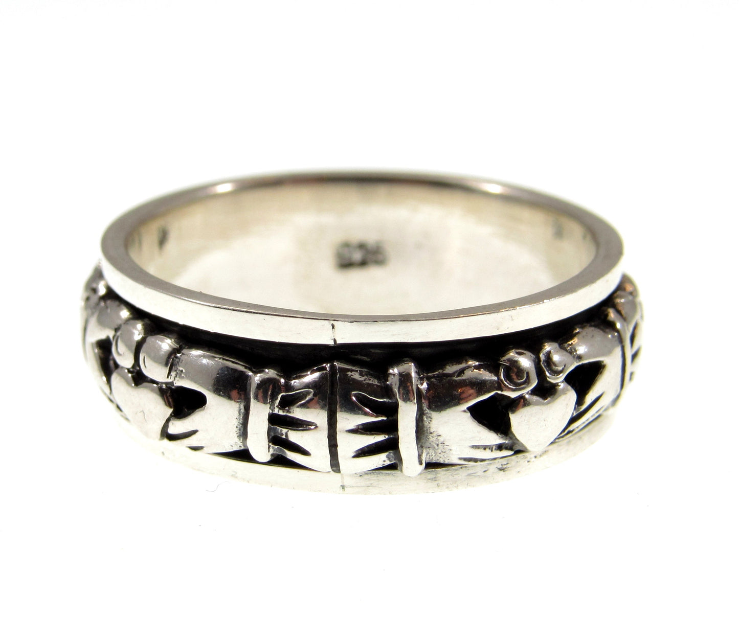 Solid 925 Sterling Silver Men's Celtic Claddagh Spin Band Ring, Handcrafted Irish Heart & Hands Fidget Pendant on Nylon Cord, Sizes 10-14