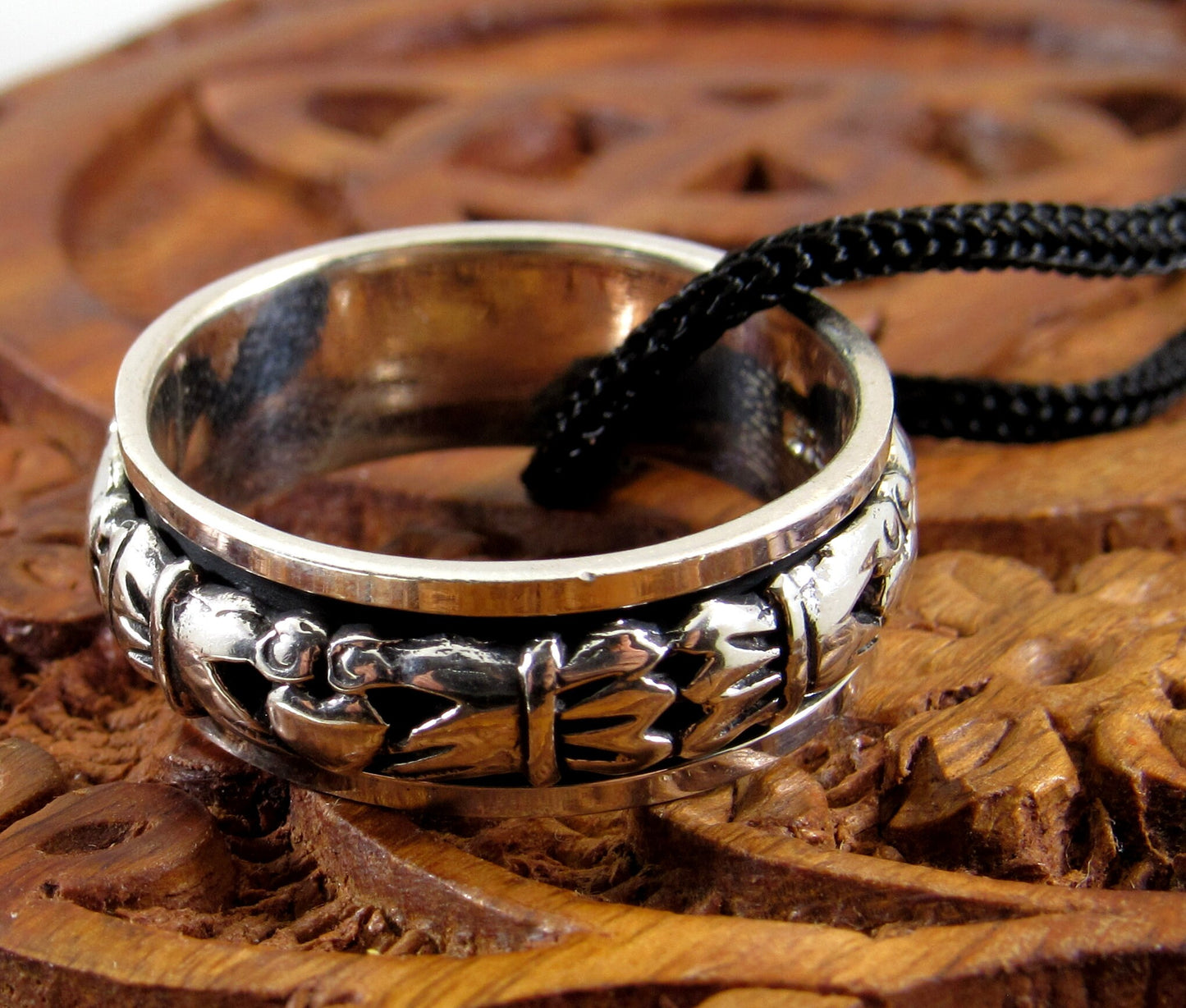 Solid 925 Sterling Silver Men's Celtic Claddagh Spin Band Ring, Handcrafted Irish Heart & Hands Fidget Pendant on Nylon Cord, Sizes 10-14