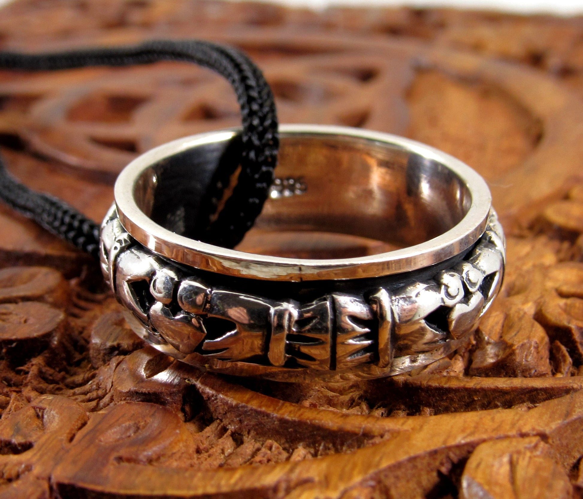 Solid 925 Sterling Silver Men's Celtic Claddagh Spin Band Ring, Handcrafted Irish Heart & Hands Fidget Pendant on Nylon Cord, Sizes 10-14