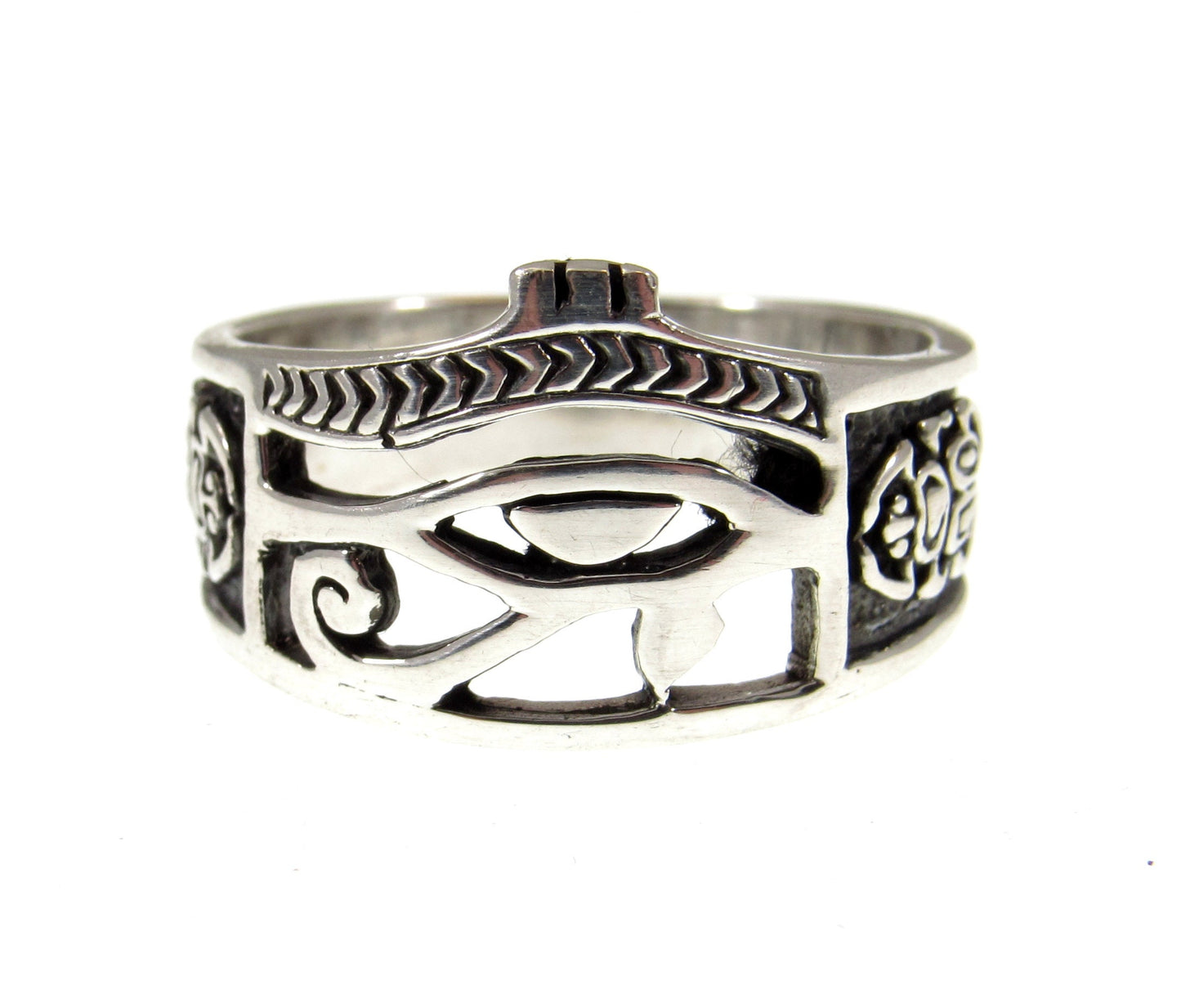 Solid 925 Sterling Silver Men's Eye of RA Ring, Handcrafted Egyptian Ankh & Scorpion Symbols Pendant on Nylon Cord, Sizes 10-14