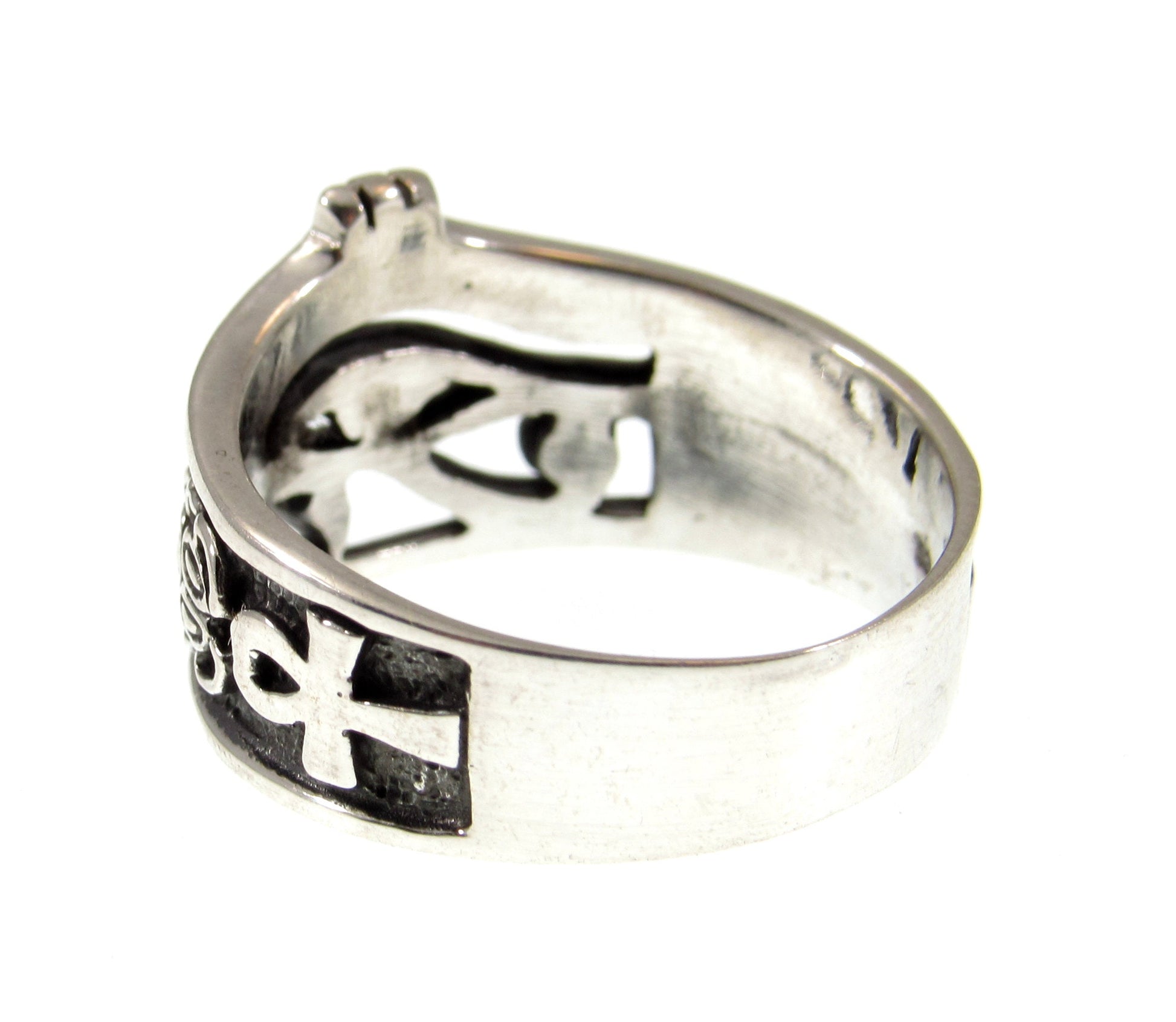 Solid 925 Sterling Silver Men's Eye of RA Ring, Handcrafted Egyptian Ankh & Scorpion Symbols Pendant on Nylon Cord, Sizes 10-14