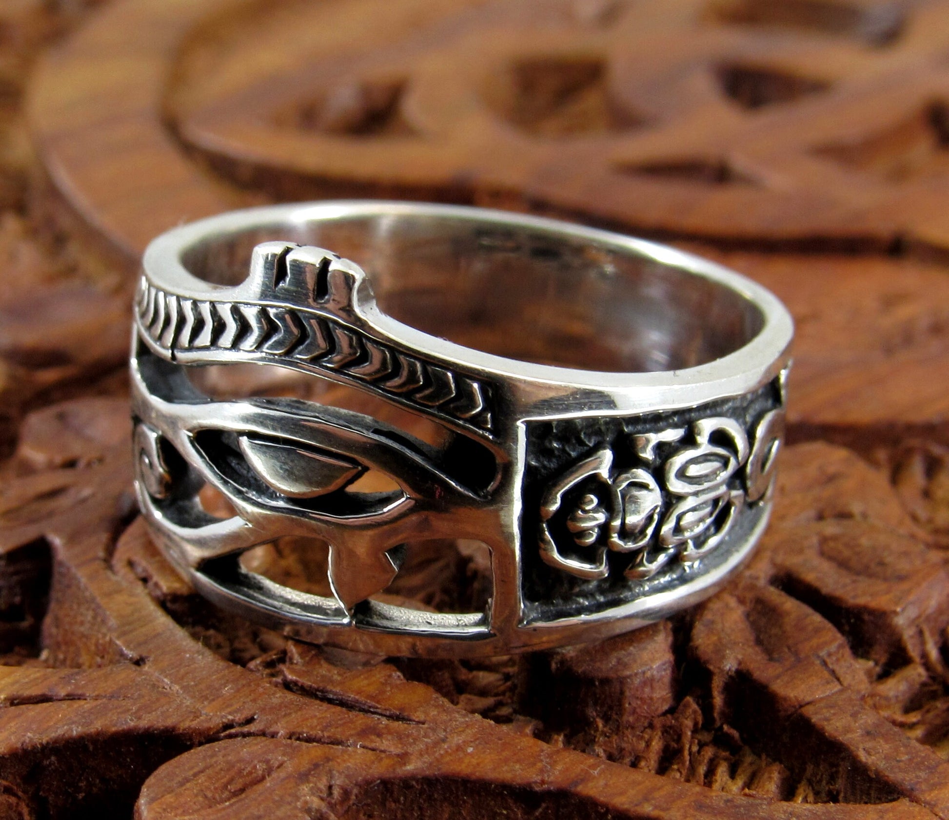 Solid 925 Sterling Silver Men's Eye of RA Ring, Handcrafted Egyptian Ankh & Scorpion Symbols Pendant on Nylon Cord, Sizes 10-14