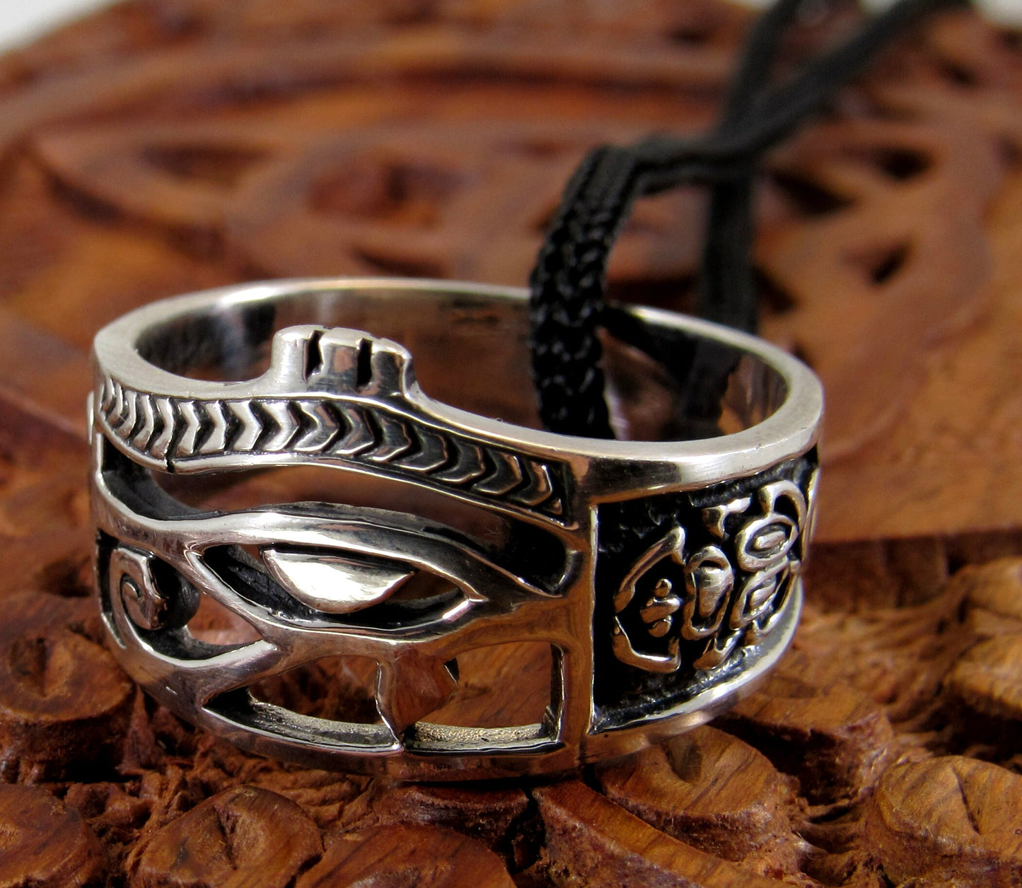 Solid 925 Sterling Silver Men's Eye of RA Ring, Handcrafted Egyptian Ankh & Scorpion Symbols Pendant on Nylon Cord, Sizes 10-14