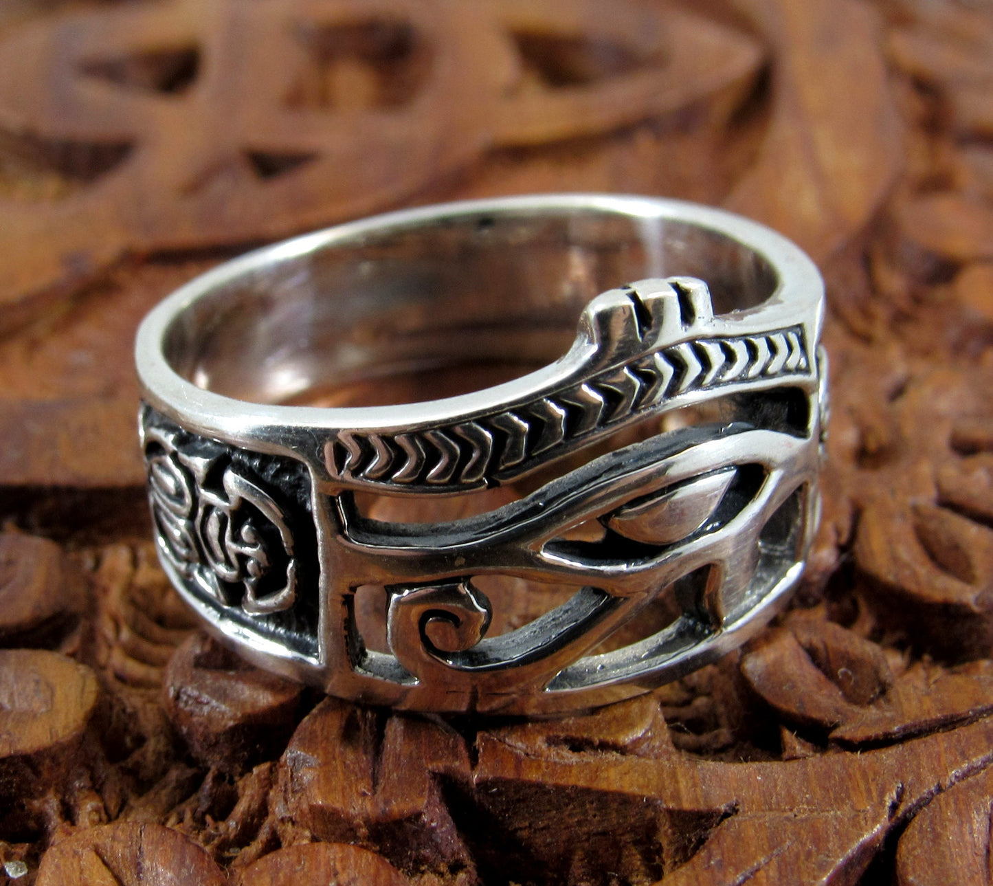 Solid 925 Sterling Silver Men's Eye of RA Ring, Handcrafted Egyptian Ankh & Scorpion Symbols Pendant on Nylon Cord, Sizes 10-14