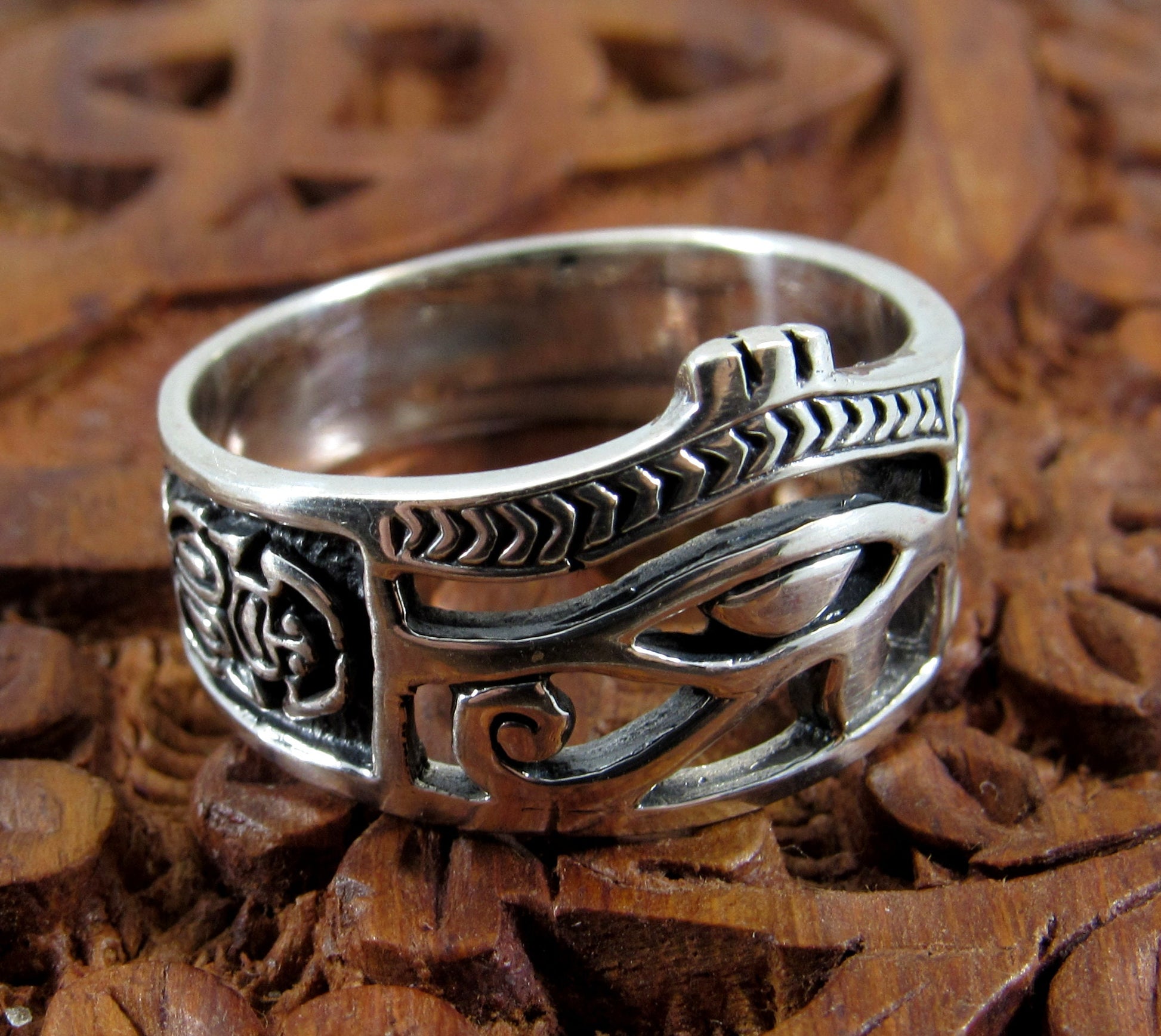 Solid 925 Sterling Silver Men's Eye of RA Ring, Handcrafted Egyptian Ankh & Scorpion Symbols Pendant on Nylon Cord, Sizes 10-14