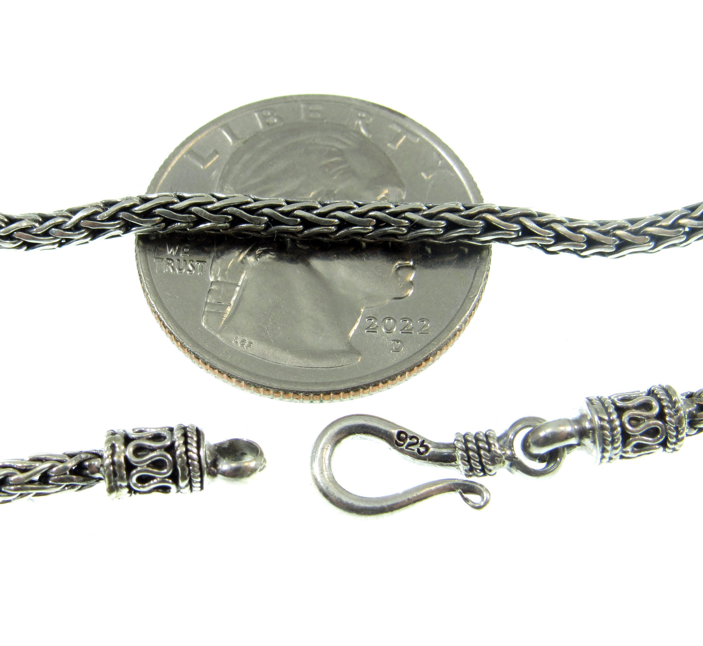 2.5MM Solid 925 Sterling Silver Handmade Bali Foxtail Weave Chain, Braided Unisex Necklace or Bracelet, Woven Rustic Oxidized Jewelry