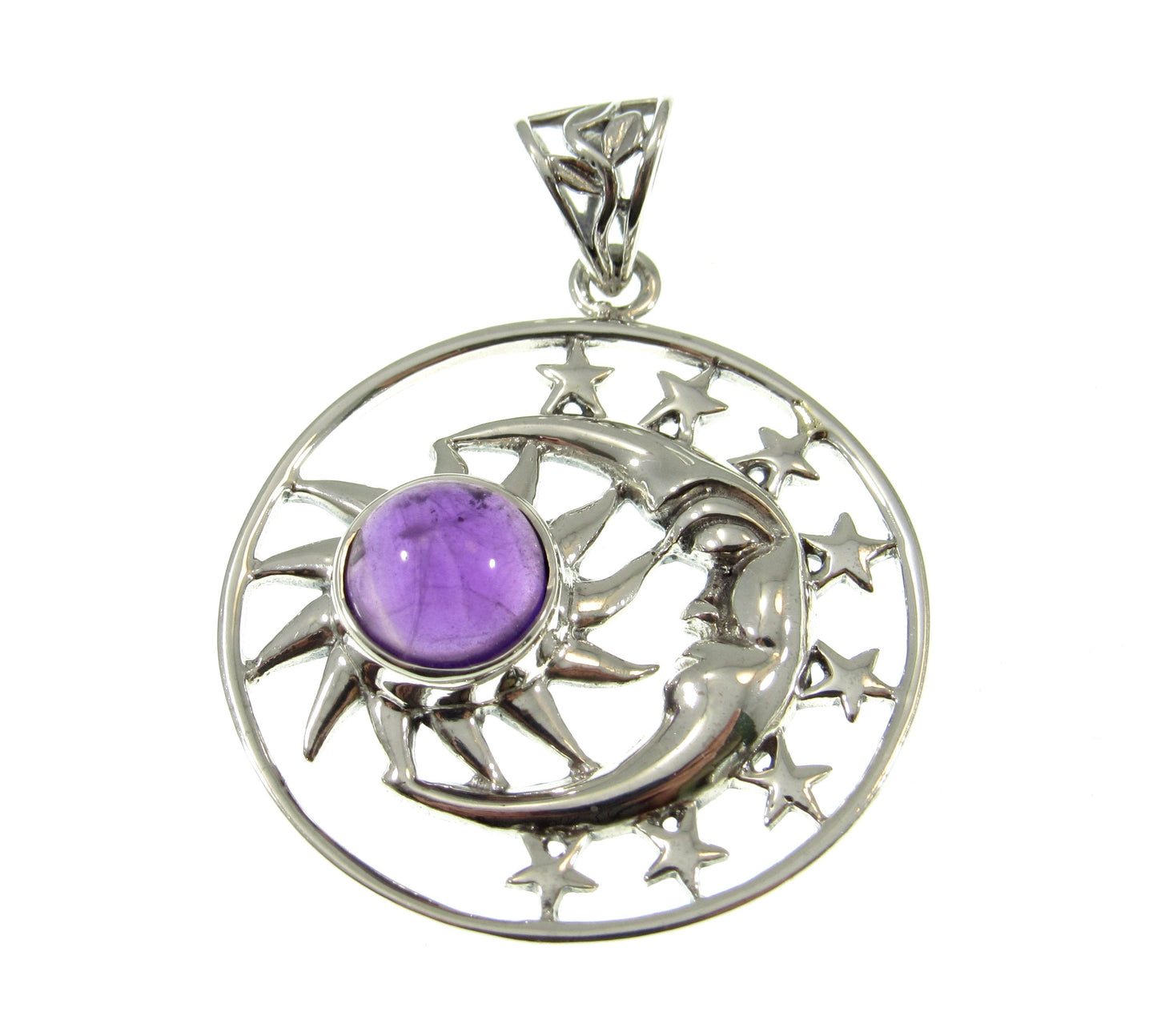 Solid 925 Sterling Silver Sun Moon & Stars Pendant, Handcrafted with Gemstone, Unique Mystical Amulet, Cosmic Celestial Wiccan Jewelry