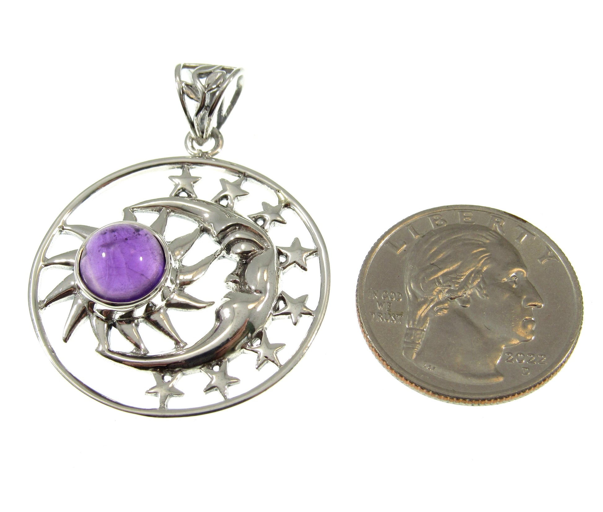 Solid 925 Sterling Silver Sun Moon & Stars Pendant, Handcrafted with Gemstone, Unique Mystical Amulet, Cosmic Celestial Wiccan Jewelry