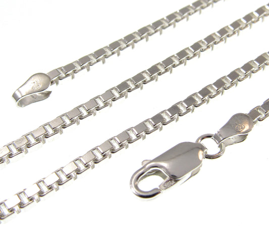 2.5MM Solid 925 Sterling Silver Italian Square Box Chain, Made in Italy, Unisex Bracelet or Necklace, 7-30" Inches