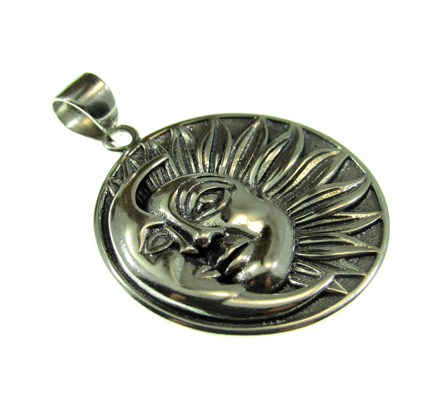 Solid 925 Sterling Silver Crescent Moon & Sun Rays with Faces Pendant - Celestial Jewelry Amulet - Cosmic Necklace Charm