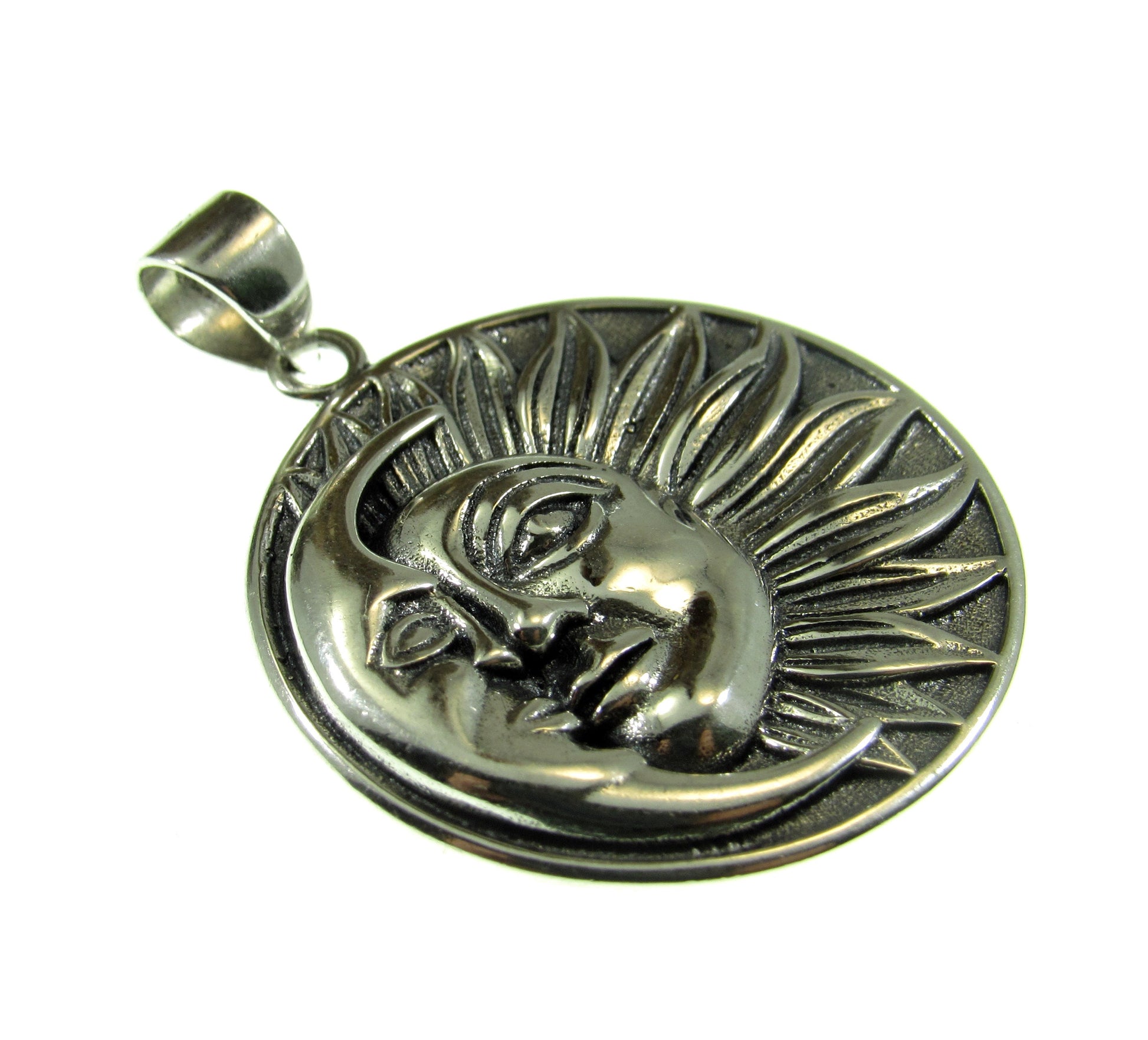 Solid 925 Sterling Silver Crescent Moon & Sun Rays with Faces Pendant - Celestial Jewelry Amulet - Cosmic Necklace Charm