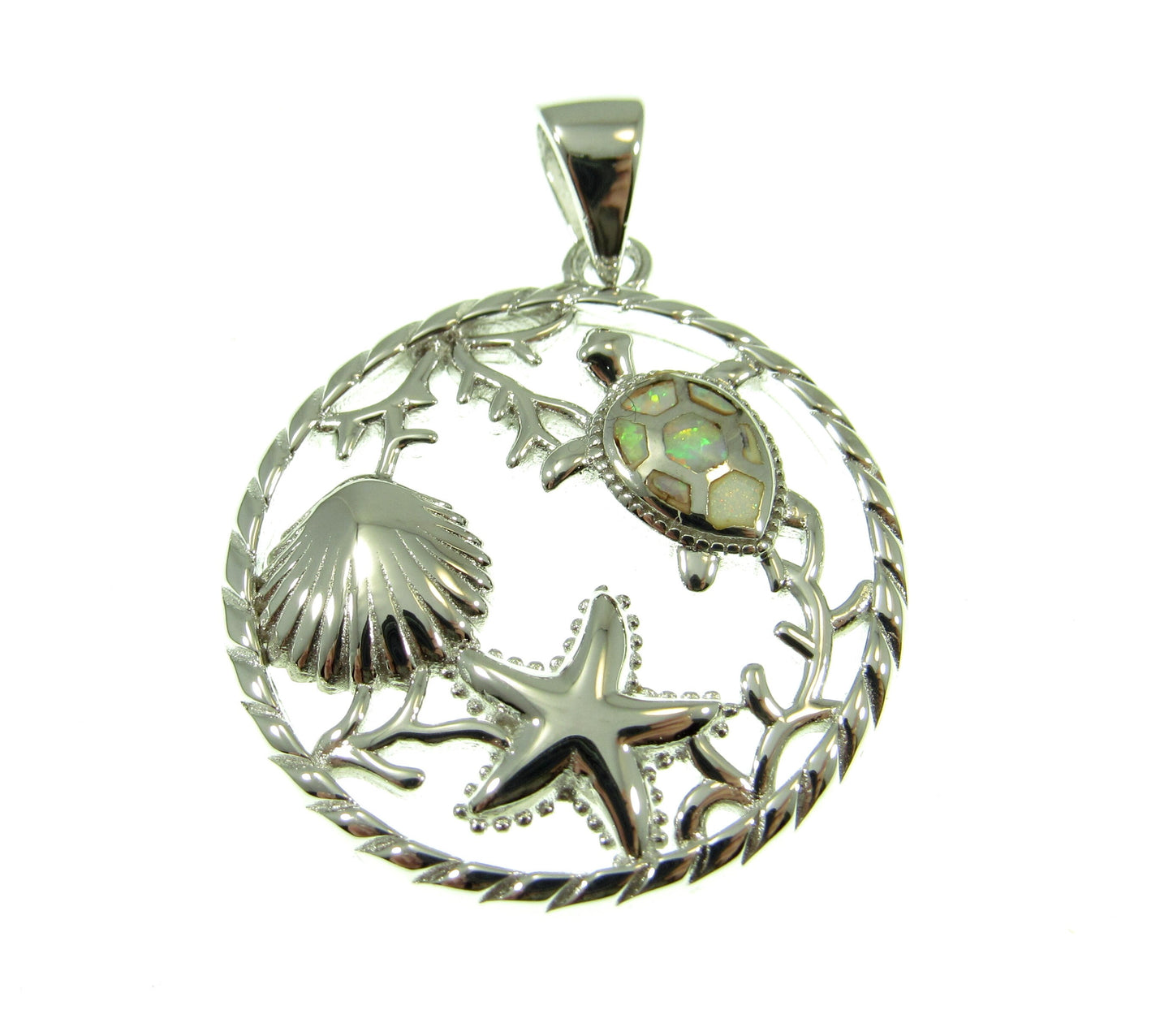 Sterling Silver Sea Life Pendant with Blue or White Lab Opal – Turtle, Starfish & Seashell Ocean Necklace Charm, Nautical Jewelry Gift