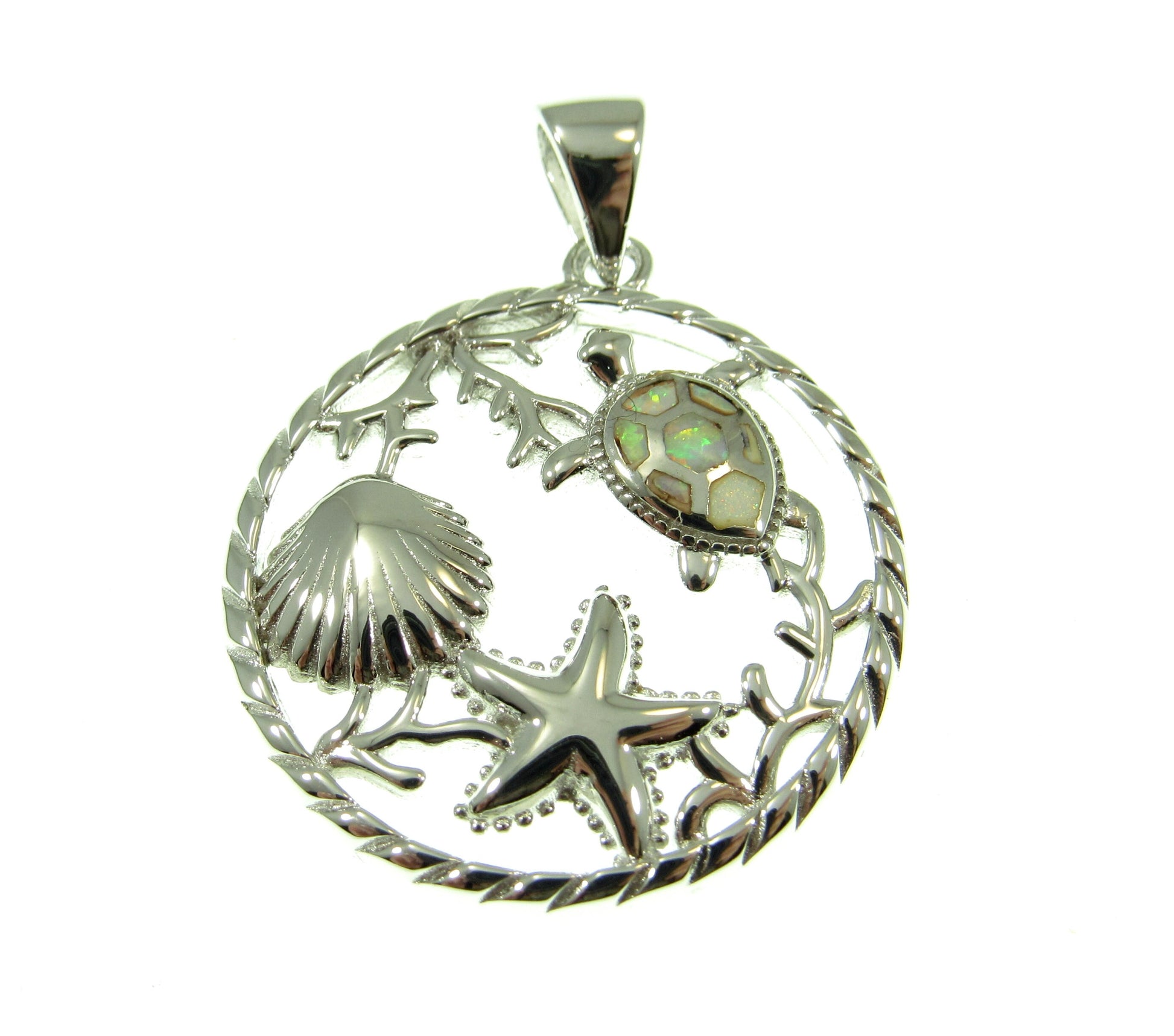 Sterling Silver Sea Life Pendant with Blue or White Lab Opal – Turtle, Starfish & Seashell Ocean Necklace Charm, Nautical Jewelry Gift