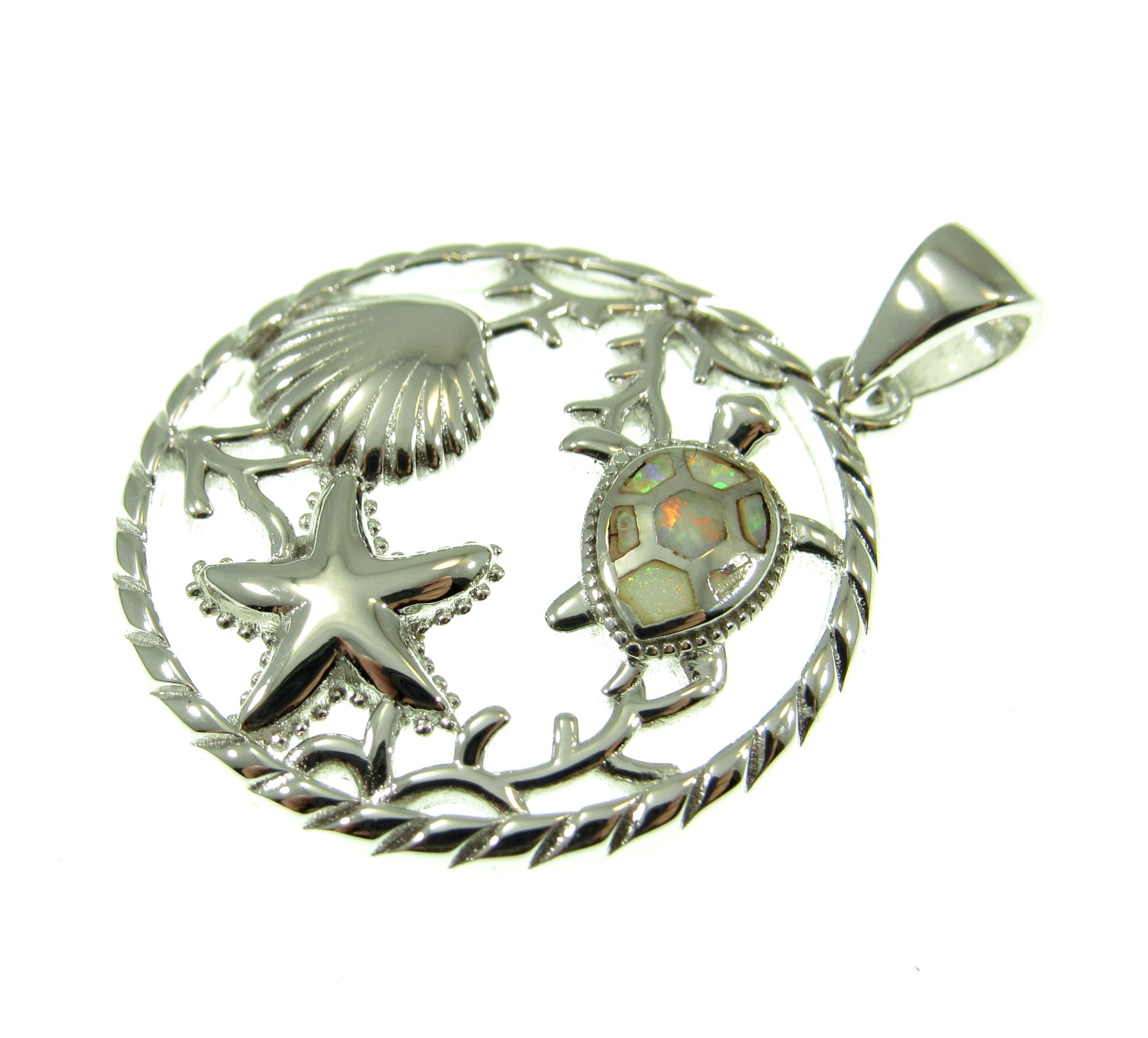 Sterling Silver Sea Life Pendant with Blue or White Lab Opal – Turtle, Starfish & Seashell Ocean Necklace Charm, Nautical Jewelry Gift