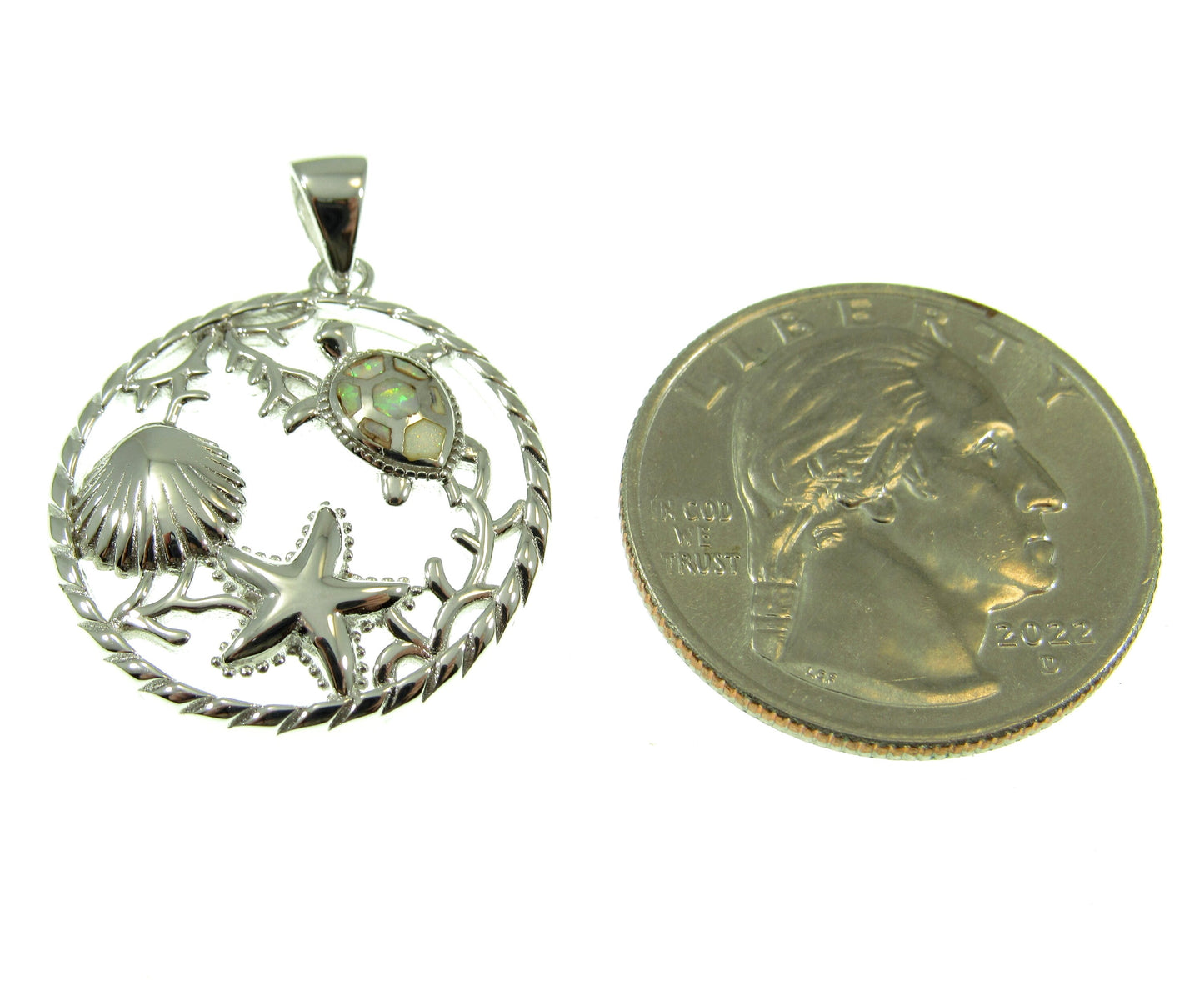 Sterling Silver Sea Life Pendant with Blue or White Lab Opal – Turtle, Starfish & Seashell Ocean Necklace Charm, Nautical Jewelry Gift