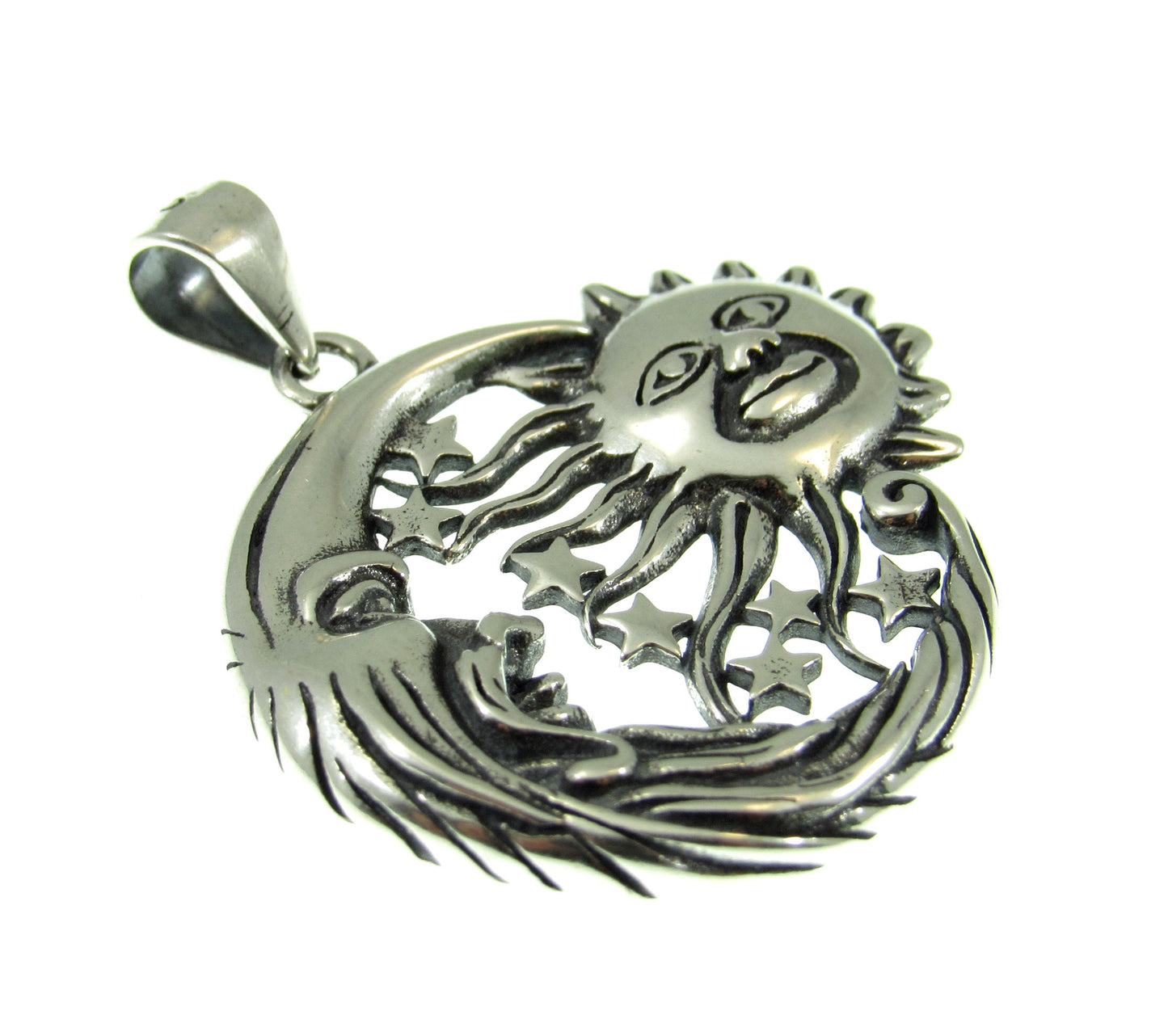 Solid 925 Sterling Silver Sun & Moon Pendant with Stars – Handcrafted Celestial Jewelry – Astrology Charm – Cosmic Sun Face Necklace Pendant