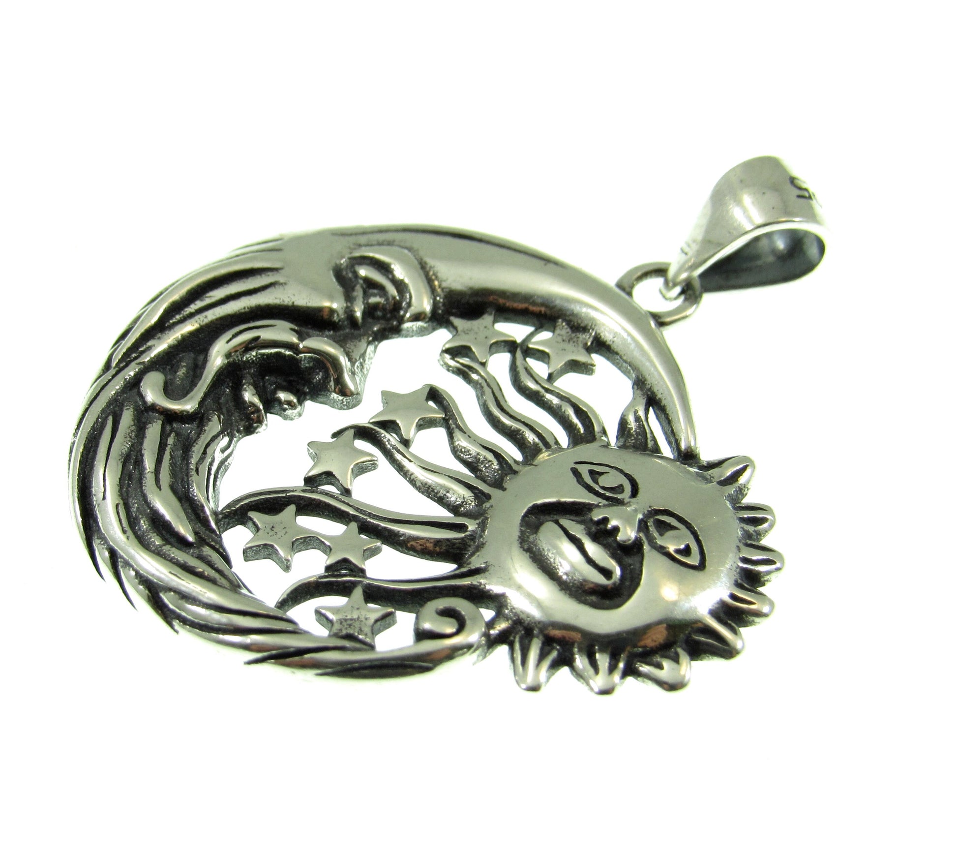 Solid 925 Sterling Silver Sun & Moon Pendant with Stars – Handcrafted Celestial Jewelry – Astrology Charm – Cosmic Sun Face Necklace Pendant