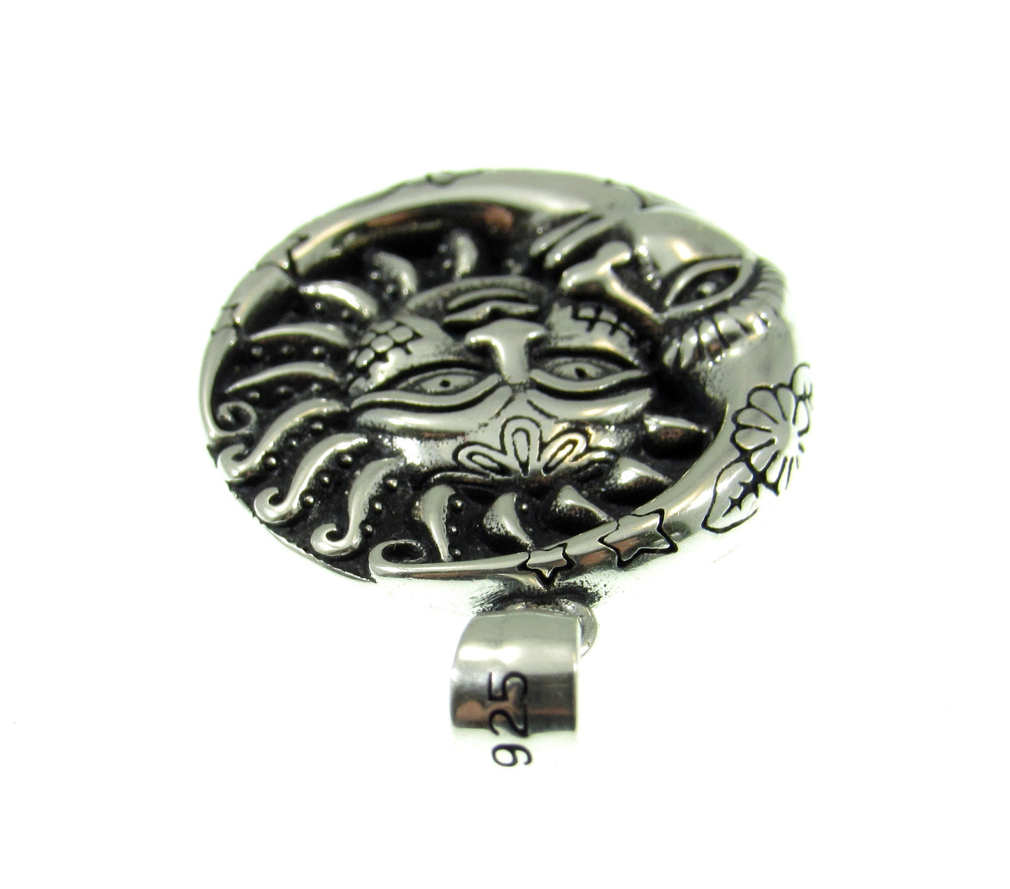 The bail is stamped 925 to guarantee sterling silver purity. The crescent moon and sun faces charm weighs 3 grams.