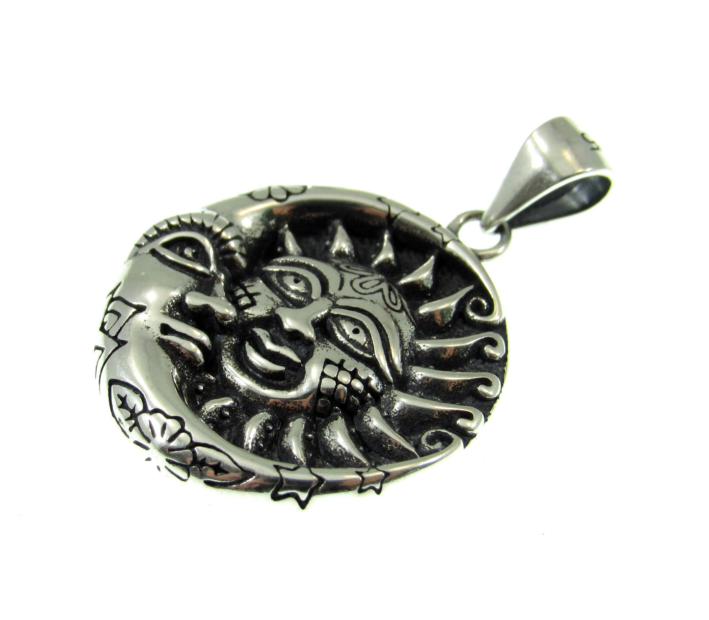 Solid 925 Sterling Silver Sun and Moon Pendant – Celestial Jewelry, Handcrafted Silver Necklace Charm, Sun & Moon Face Boho Lunar Amulet