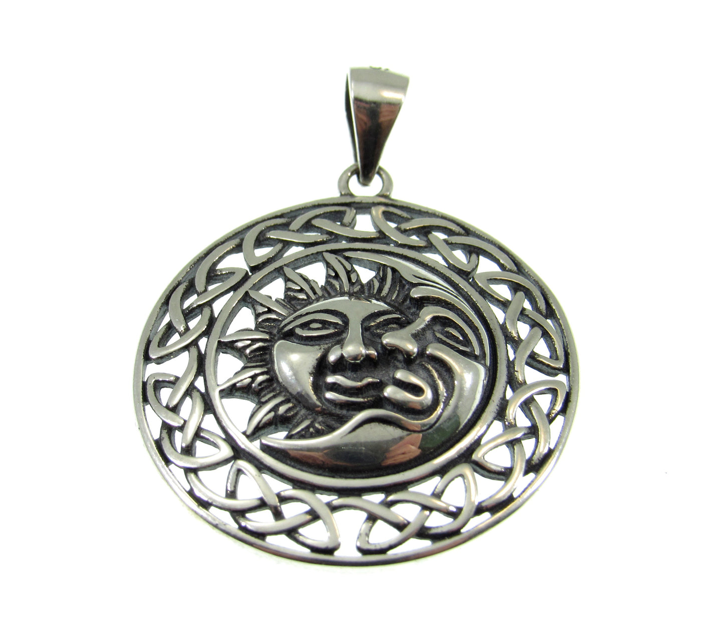 Solid 925 Sterling Silver Celtic Crescent Moon & Sun Faces Pendant - Cosmic Necklace Charm - Handcrafted Celestial / Astrology Jewelry