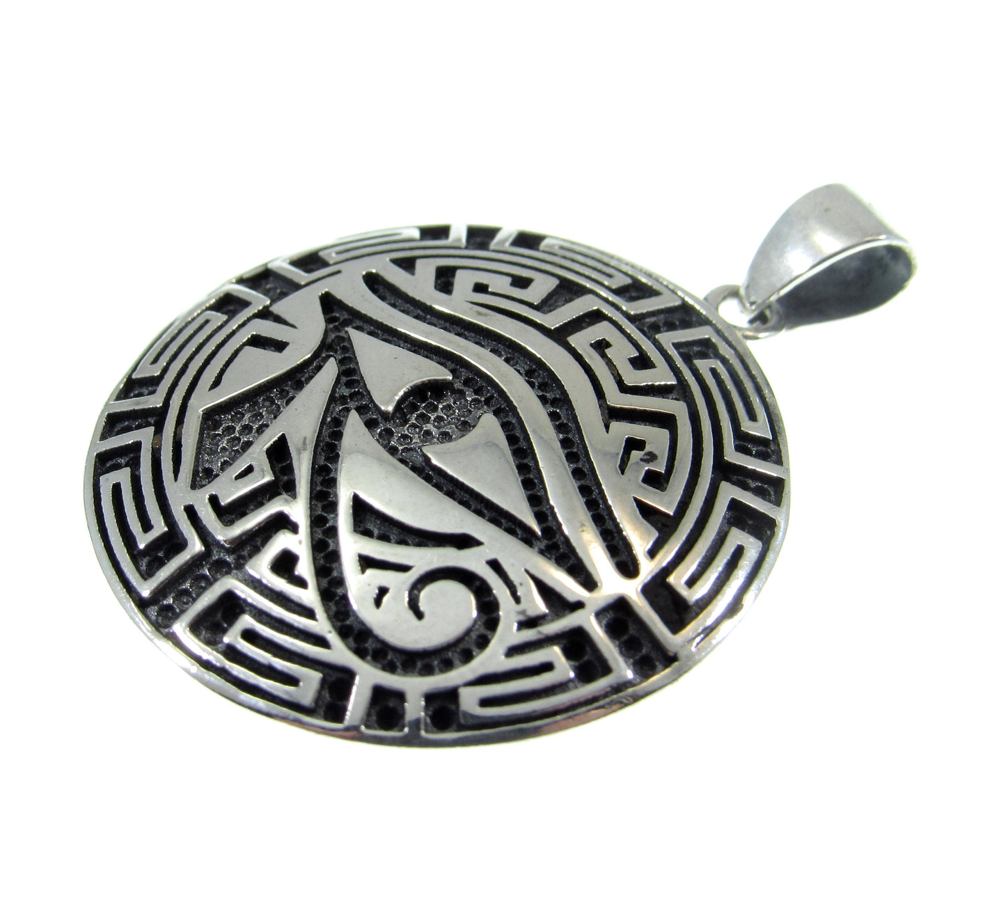 Solid 925 Sterling Silver Greek Key Pendant - Meander Amulet - Egyptian Eye of Horus Talisman - Esoteric Geometric Jewelry