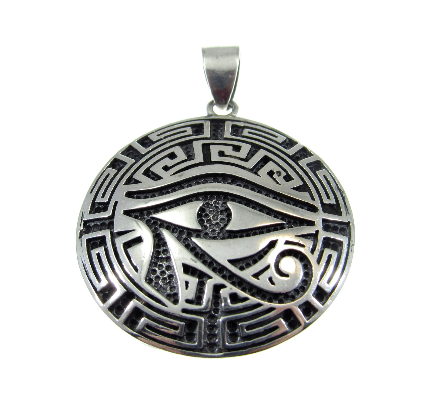Solid 925 Sterling Silver Greek Key Pendant - Meander Amulet - Egyptian Eye of Horus Talisman - Esoteric Geometric Jewelry