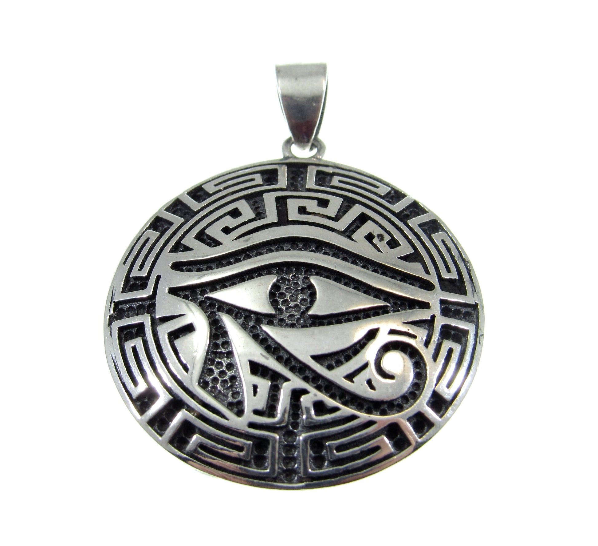 Solid 925 Sterling Silver Greek Key Pendant - Meander Amulet - Egyptian Eye of Horus Talisman - Esoteric Geometric Jewelry