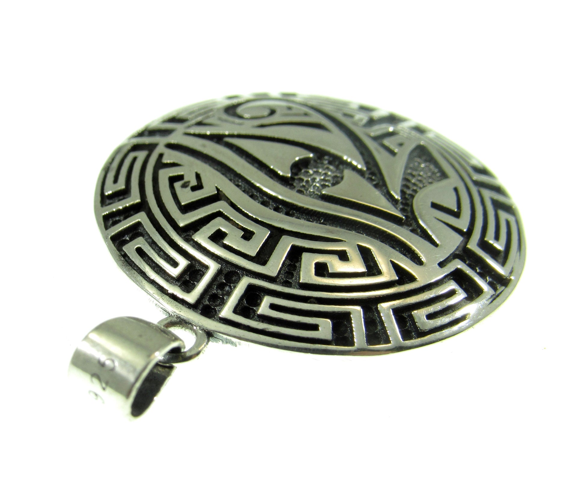 The Greek key meander Egyptian eye of Horus pendant is quality stamped 925 on the bail and weighs 5.6 grams of sterling silver