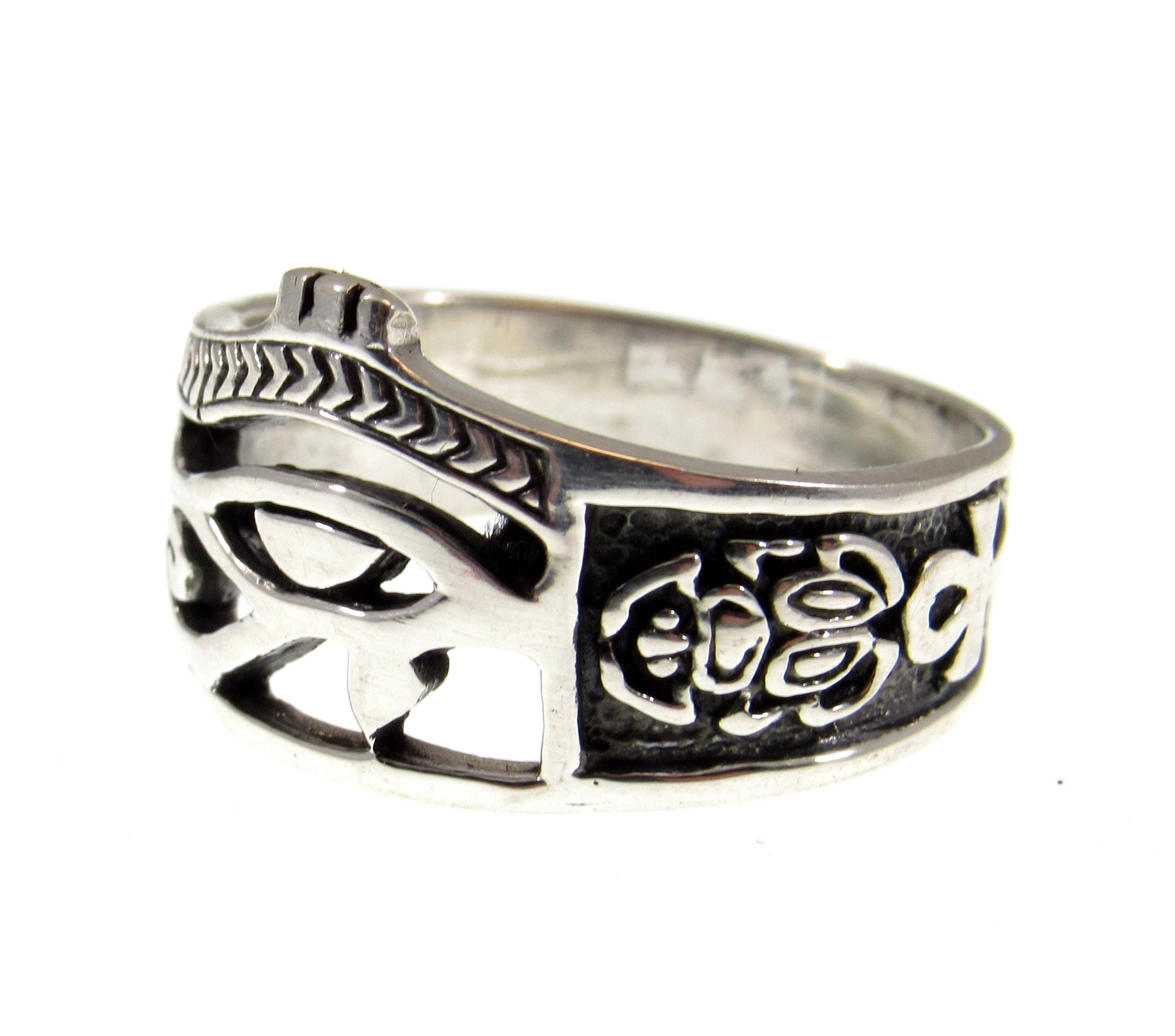 Solid 925 Sterling Silver Men's Eye of RA Ring, Handcrafted Egyptian Ankh & Scorpion Symbols Pendant on Nylon Cord, Sizes 10-14